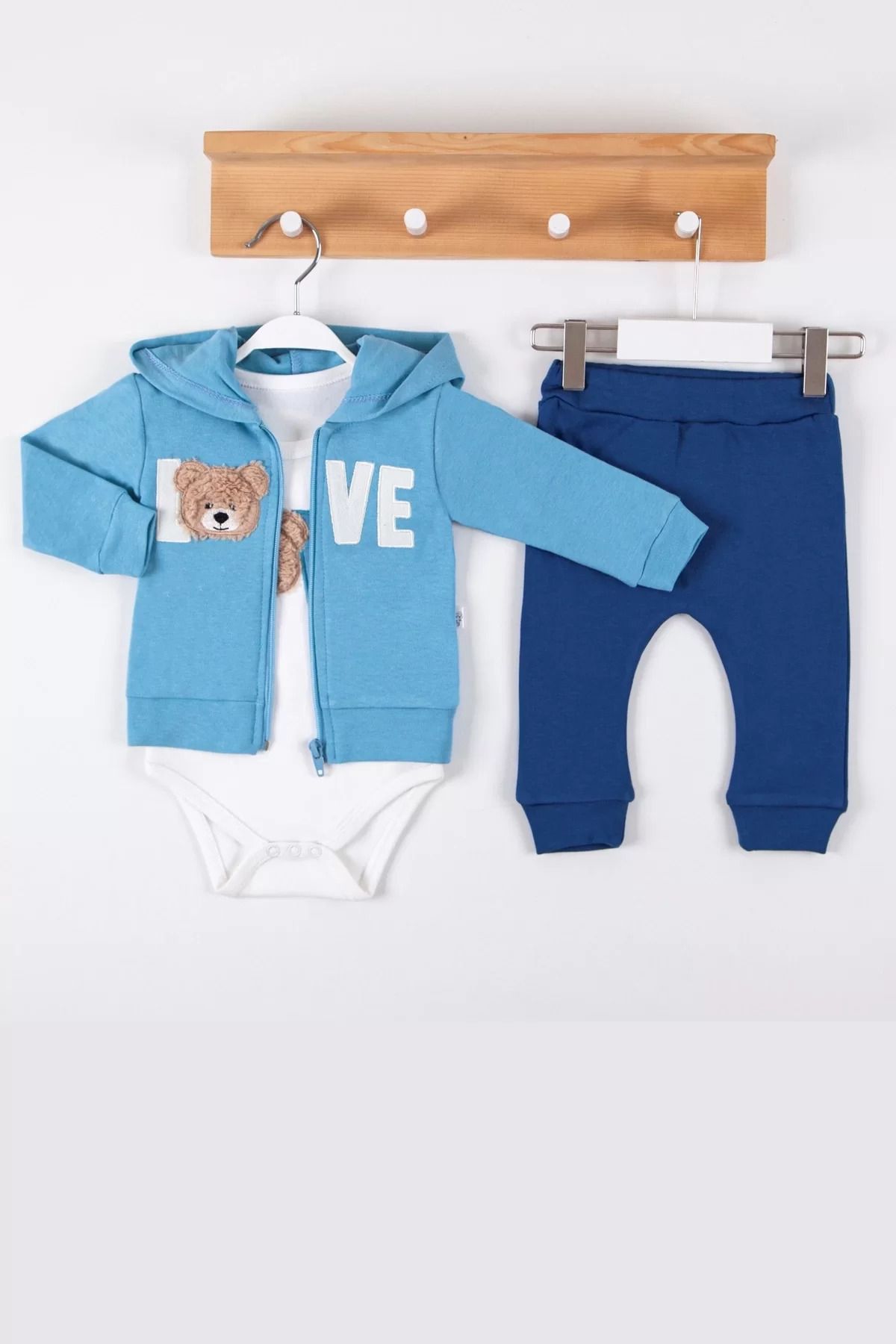 Shop58 Love Bear Nakışlı % 100 Pamuk Hırkalı 3'lü Erkek Takım