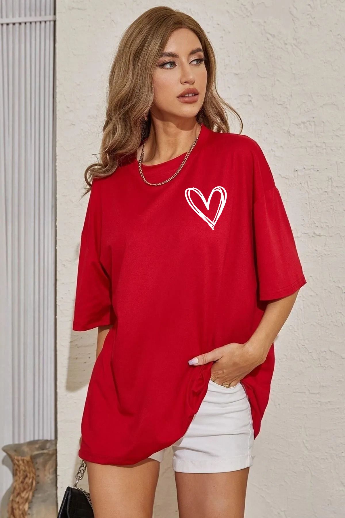 qavnas Unisex Kalp Baskılı Rahat Kesim Kırmızı T-Shirt
