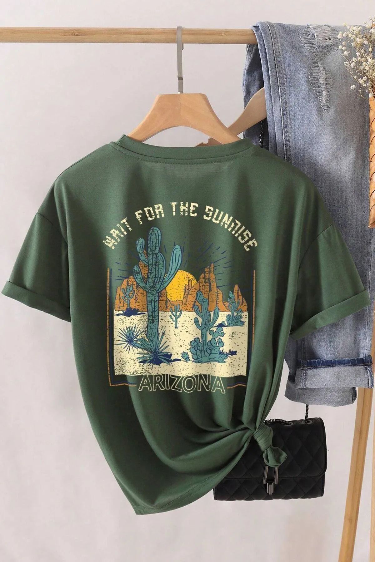 qavnas Unisex Arizona Baskılı Rahat Kesim Yeşil T-Shirt