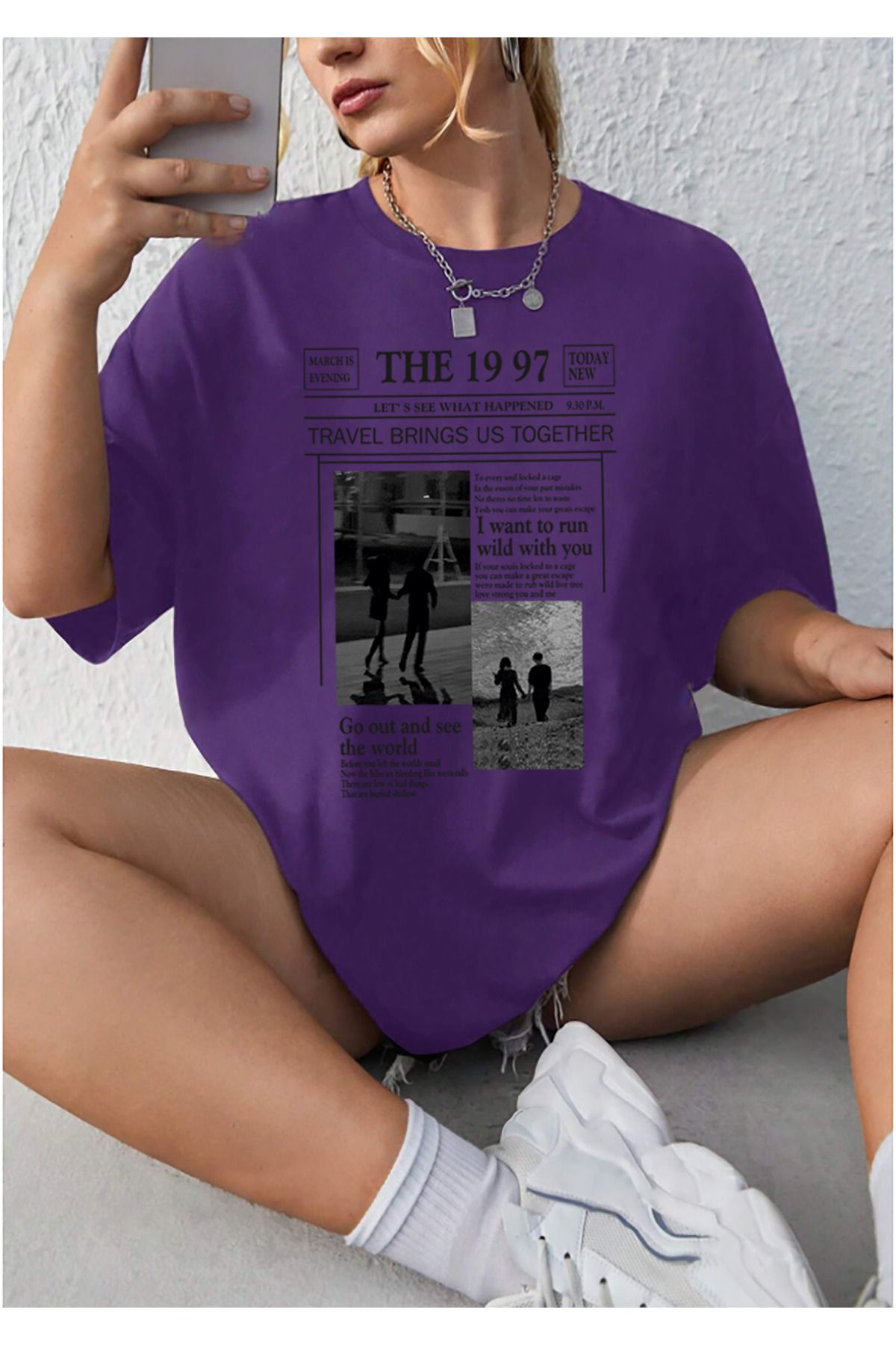 qavnas Unisex The Travel 1997 Baskılı Rahat Kesim Mor T-Shirt