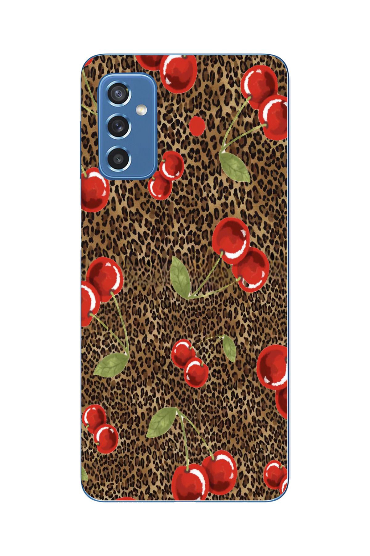 moonset Samsung Galaxy M52 Uyumlu Leopar ve Kiraz Tasarımlı Baskılı Şeffaf Telefon Kılıfı
