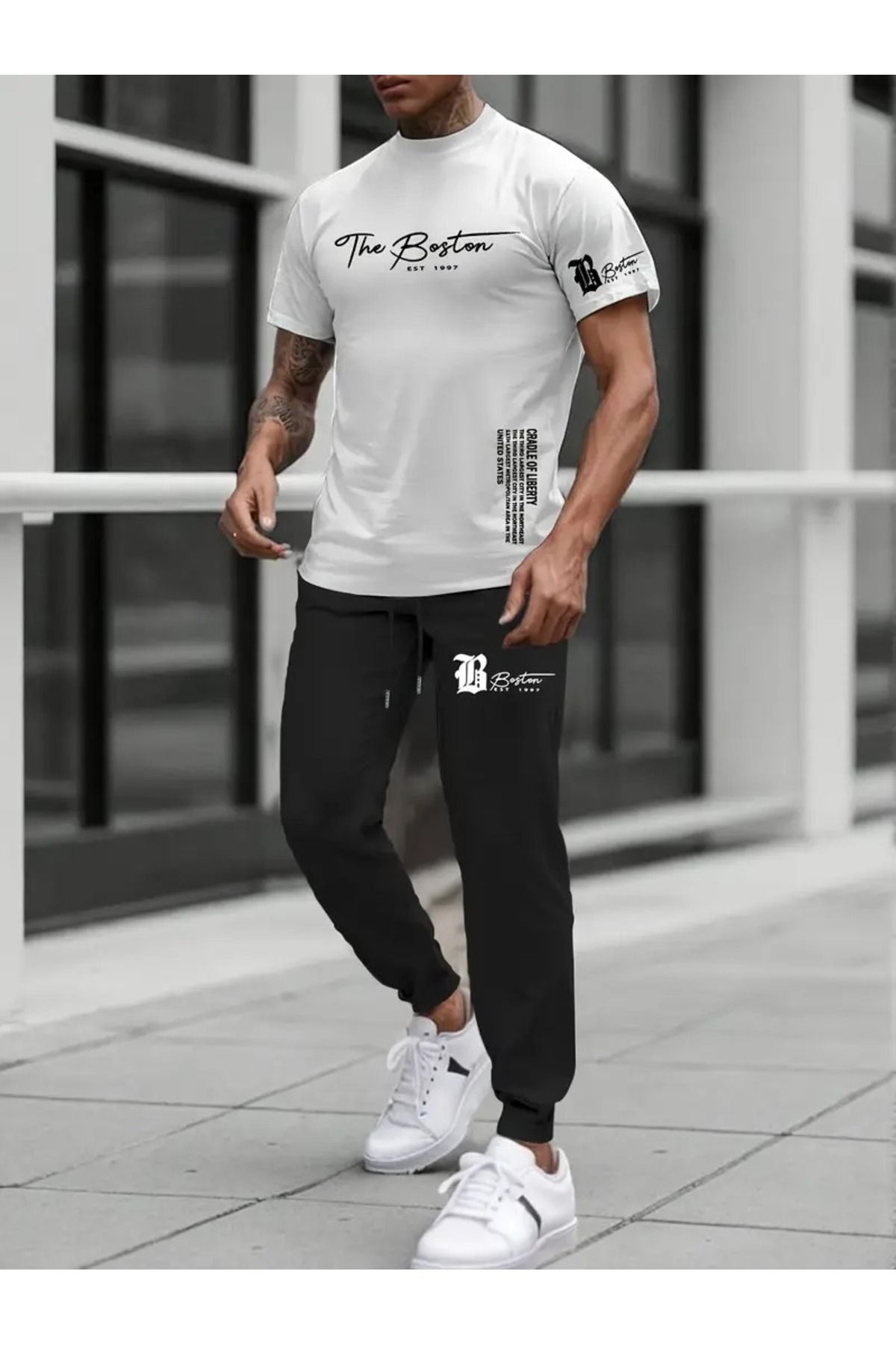 PAVRO Eşofman Takımı Jogger Thebostn baskılı - Oversize Tshirt