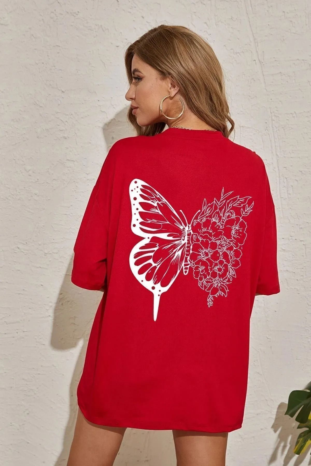 qavnas Unisex Kelebek Baskılı Rahat Kesim Kırmızı T-Shirt