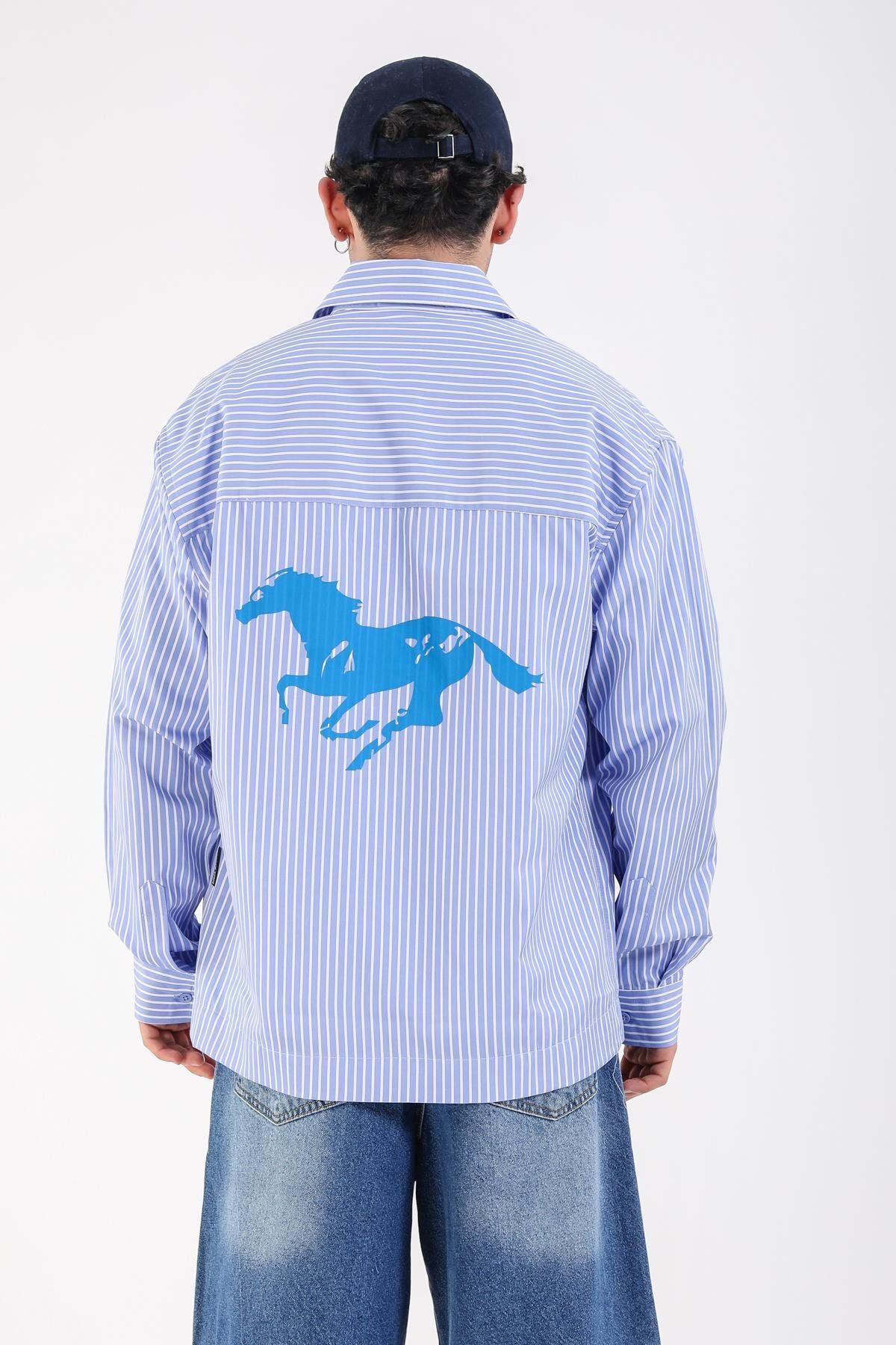 Jr.Crime Çizgili Mavi Oversize Vintage Baskılı Uzun Kol Gömlek
