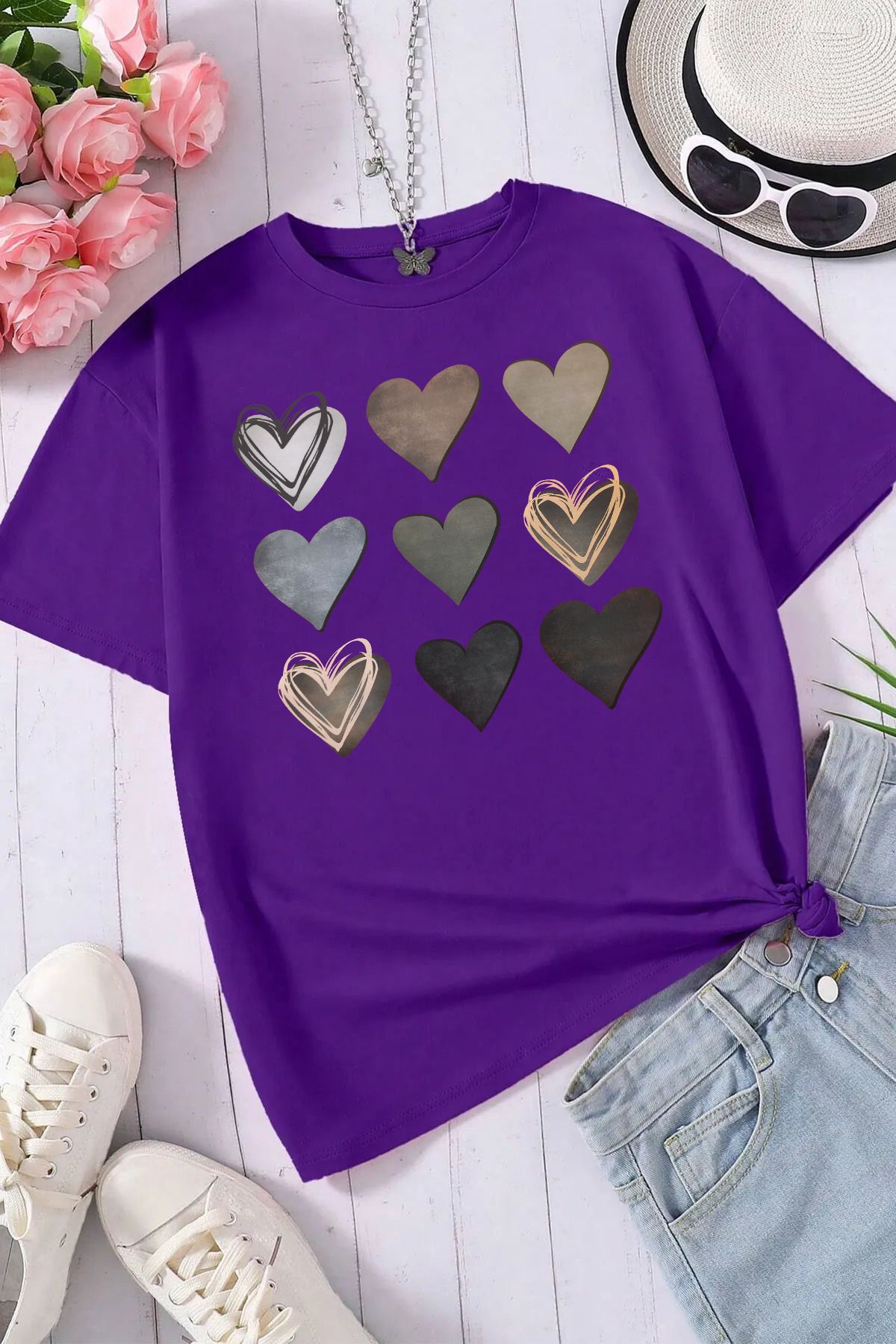 memowear Unisex Kalpler Baskılı Rahat Kesim Mor T-Shirt