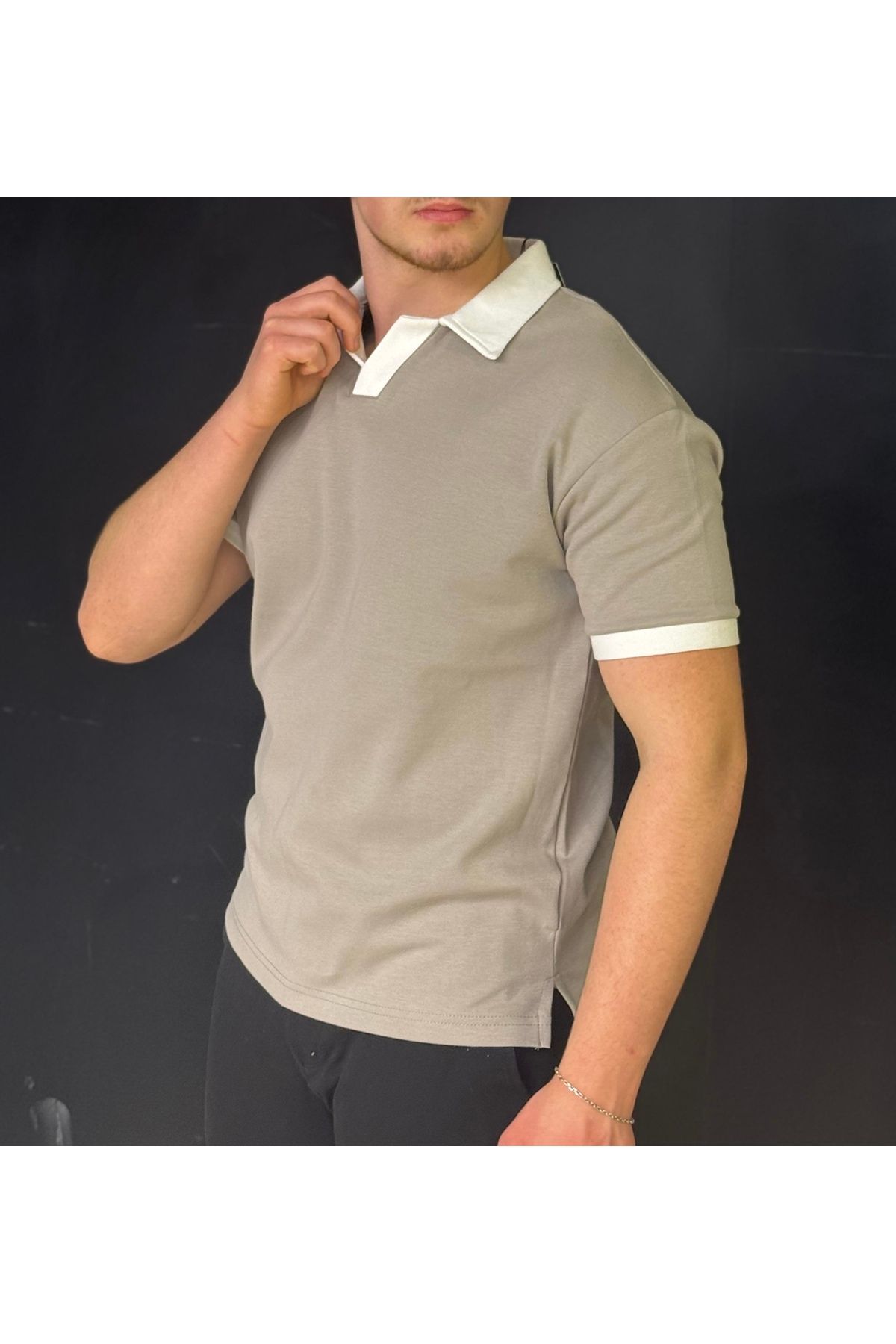 Alpha star Doubleface polo yaka granili oversize tişört düz