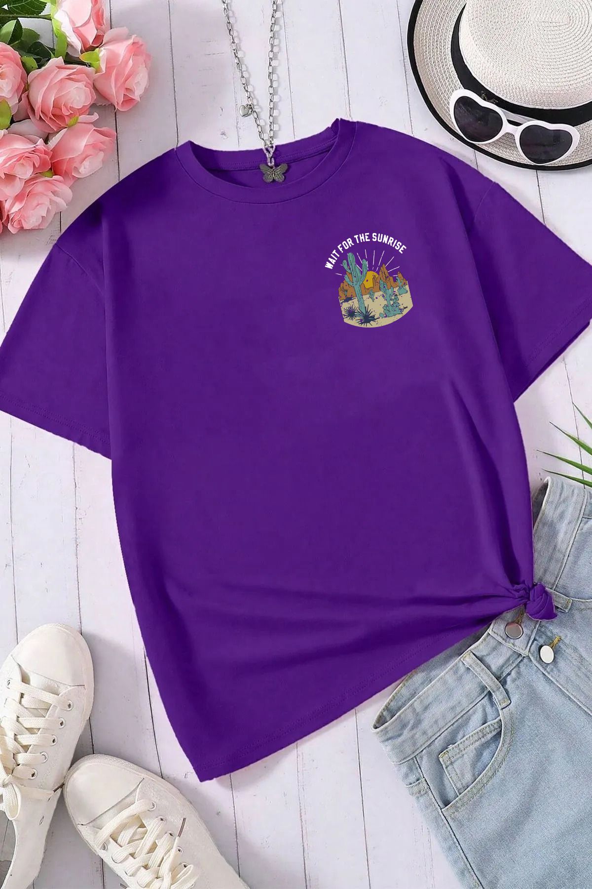 qavnas Unisex Arizona Baskılı Rahat Kesim Mor T-Shirt