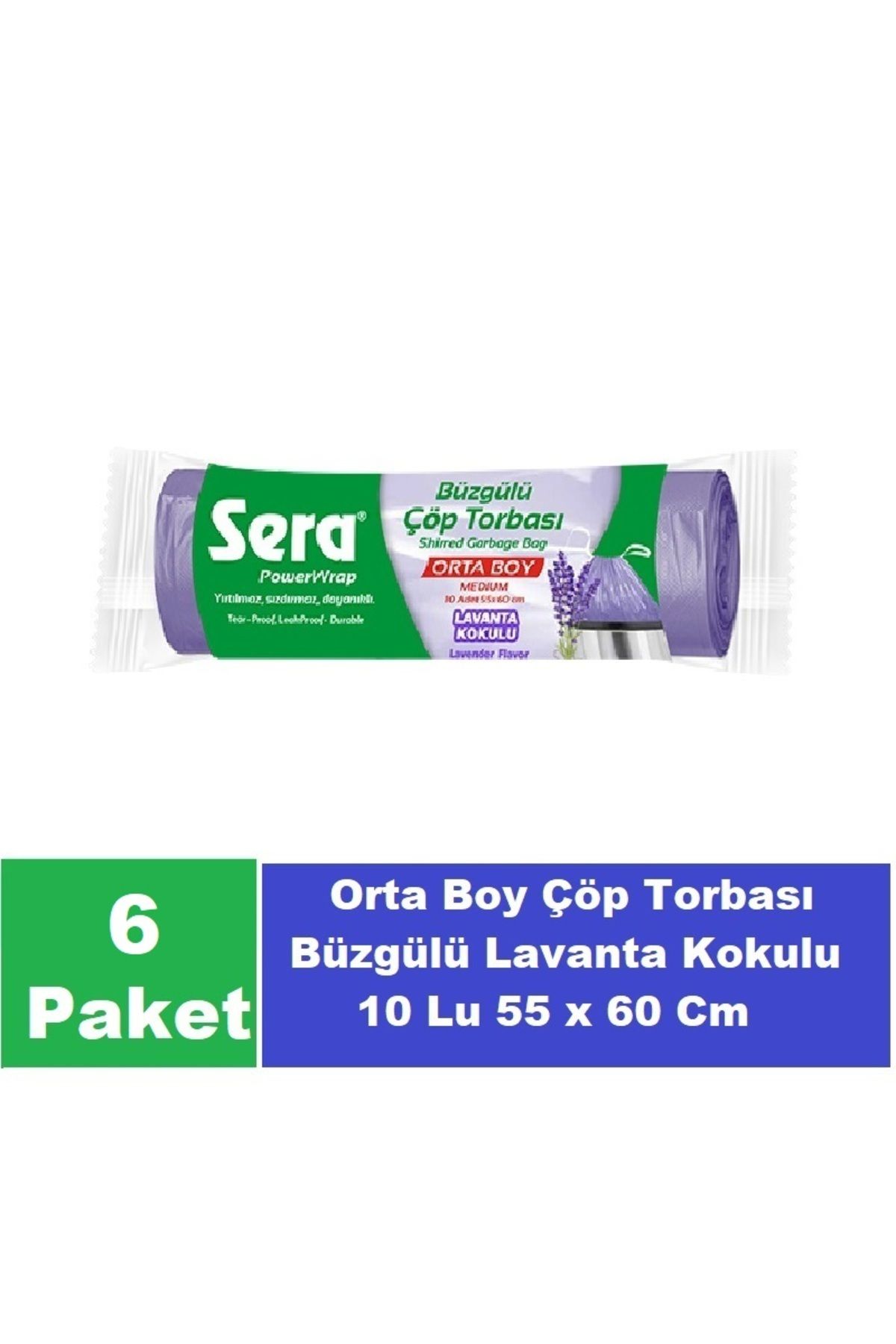 SERA Çöp Torbası Büzgülü Lavanta Kokulu Orta Boy 10 Lu 55 x 60 Cm x 6 Paket