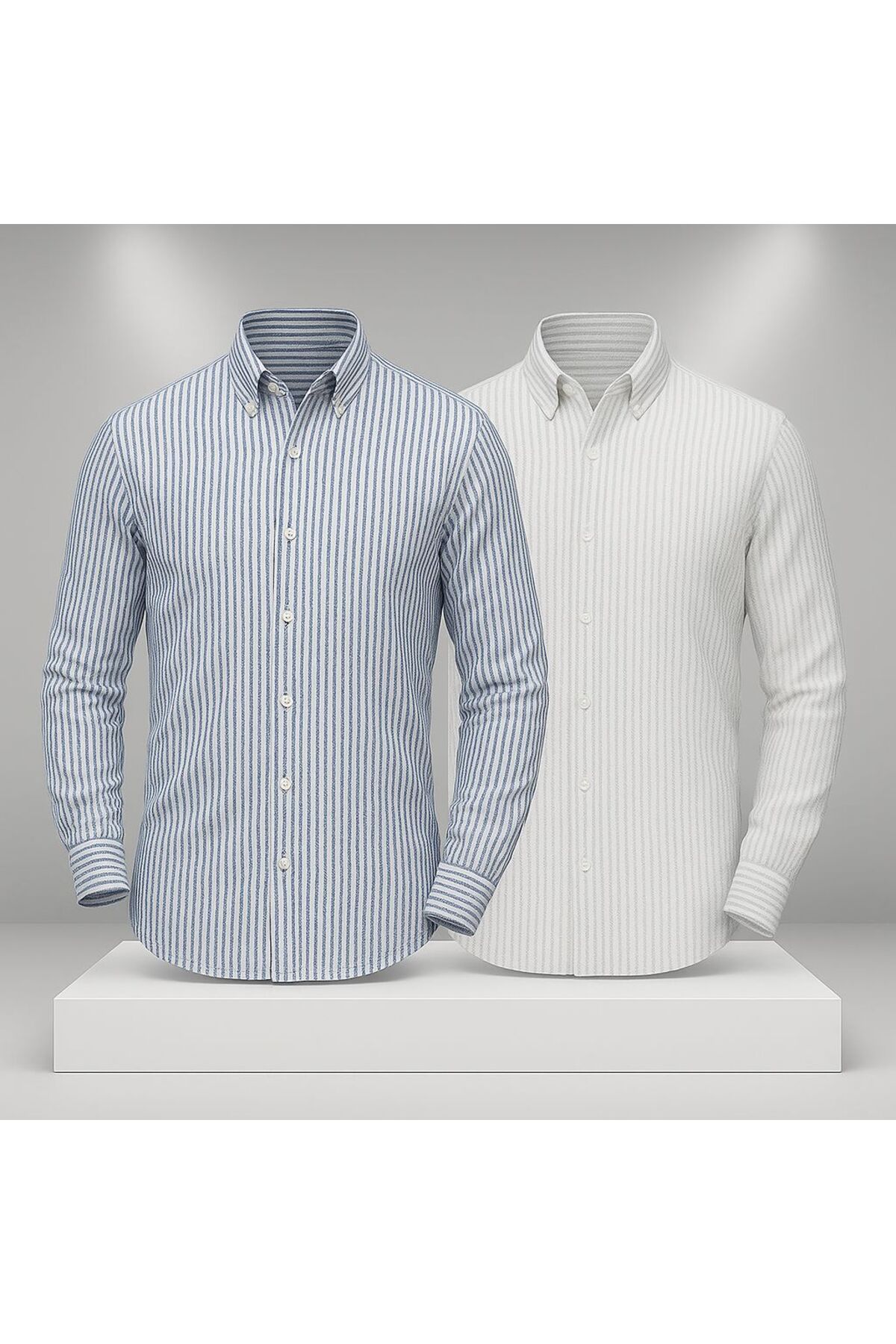 LC Waikiki 2'li Avantaj Keten Çizgili Slim Fit Şık Premium Kalite Düğmeli Pamuklu Erkek Gömlek