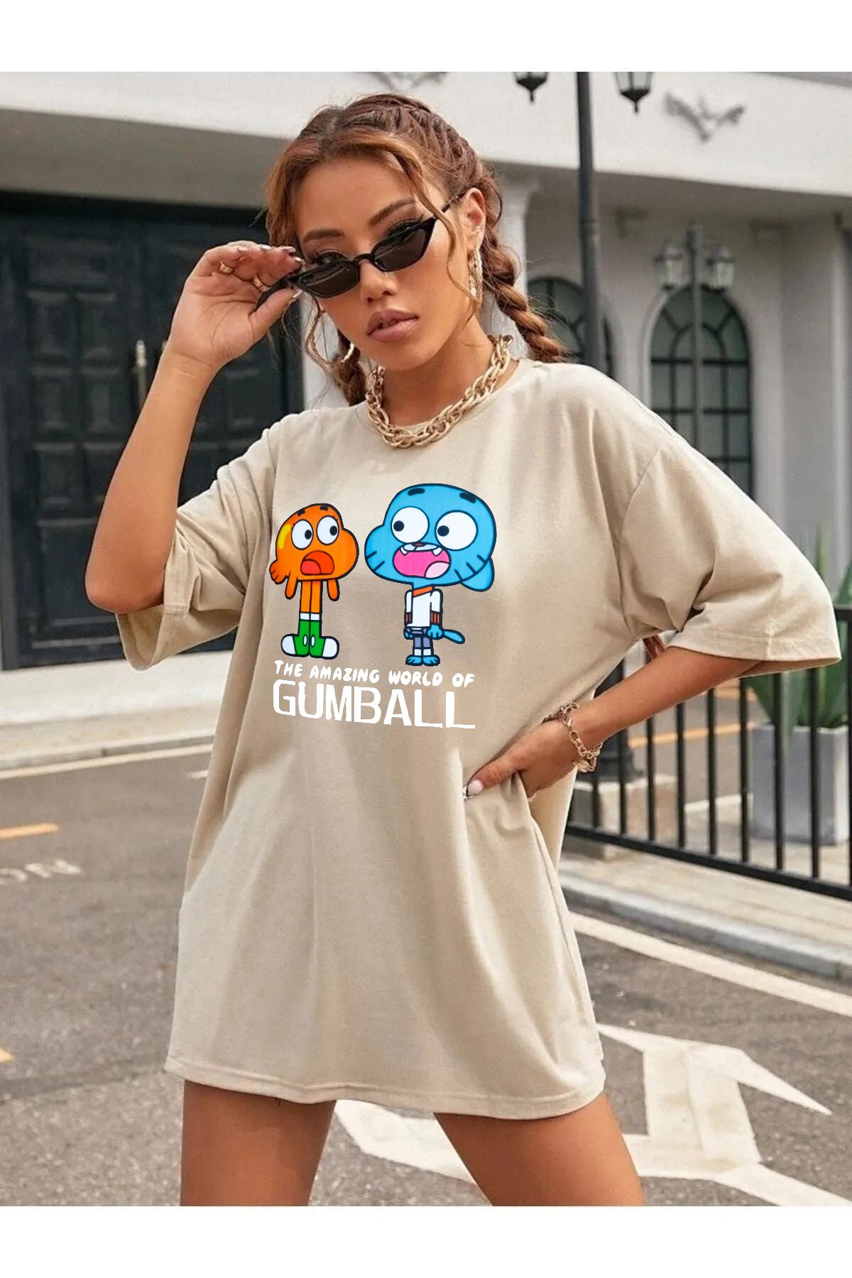 qavnas Unisex Gumball Baskılı Rahat Kesim Bej T-Shirt