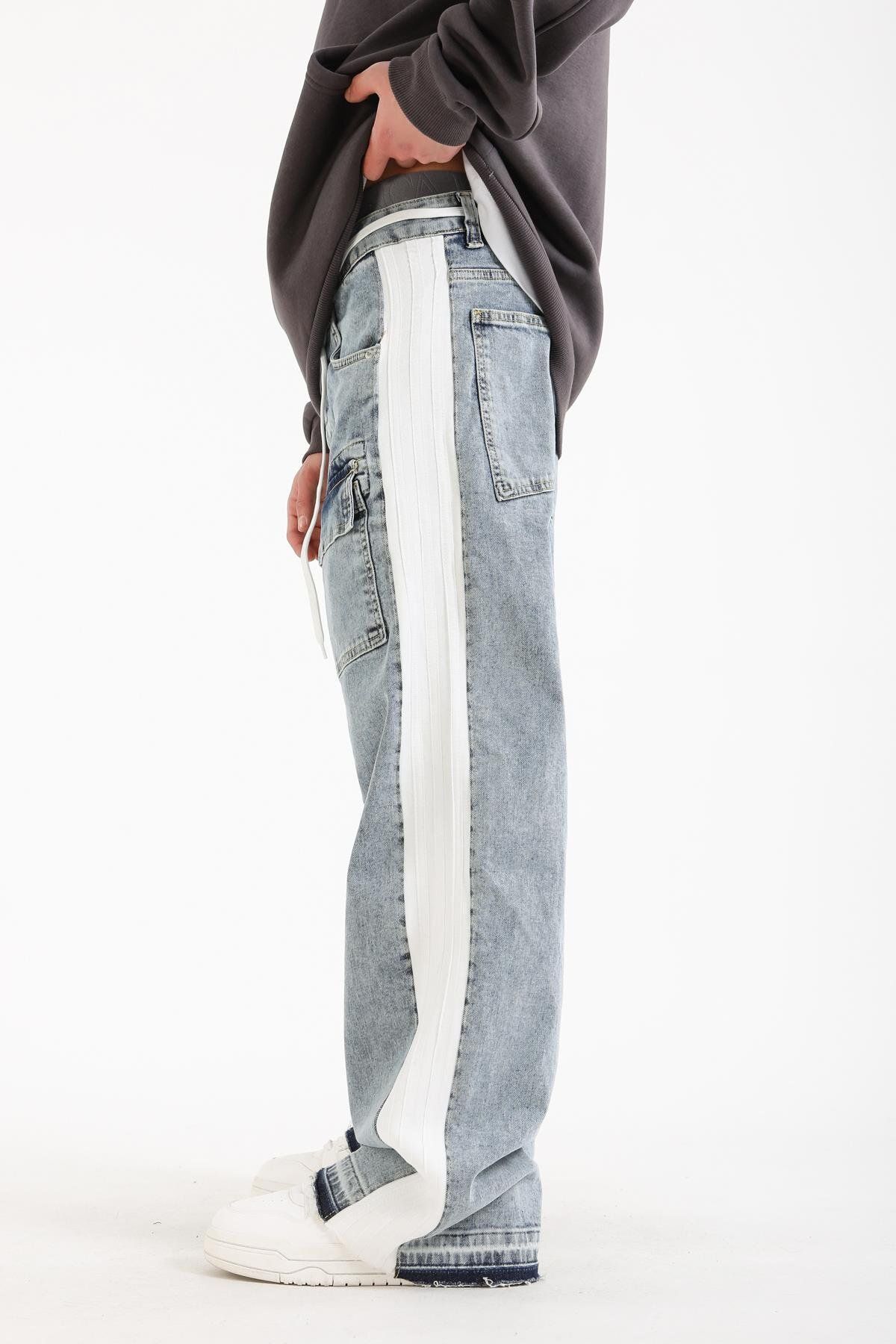 Jr.Crime Beyaz Şerit Detay Cepli Kesik Paça Baggy Jean Pantolon
