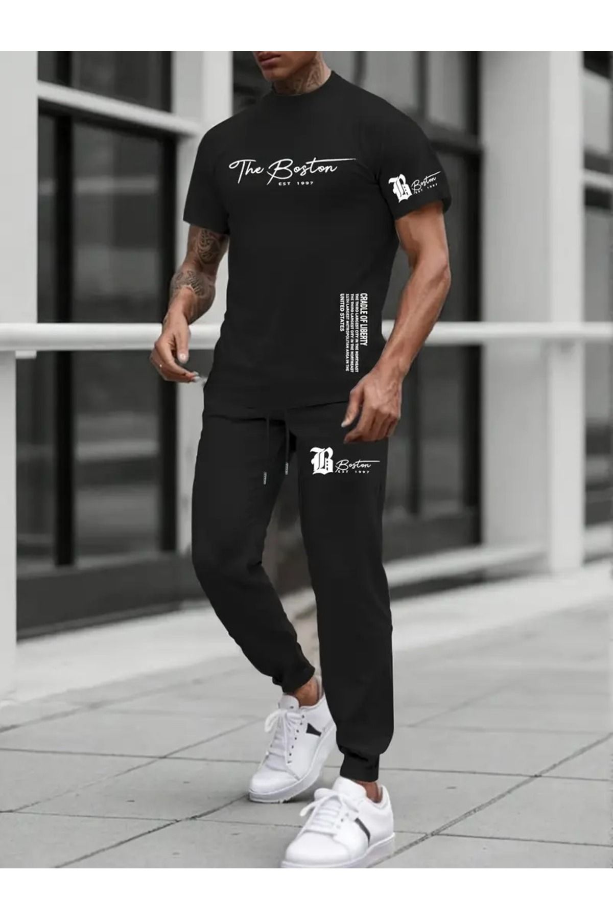 PAVRO Eşofman Takımı Jogger Thebostn baskılı - Oversize Tshirt