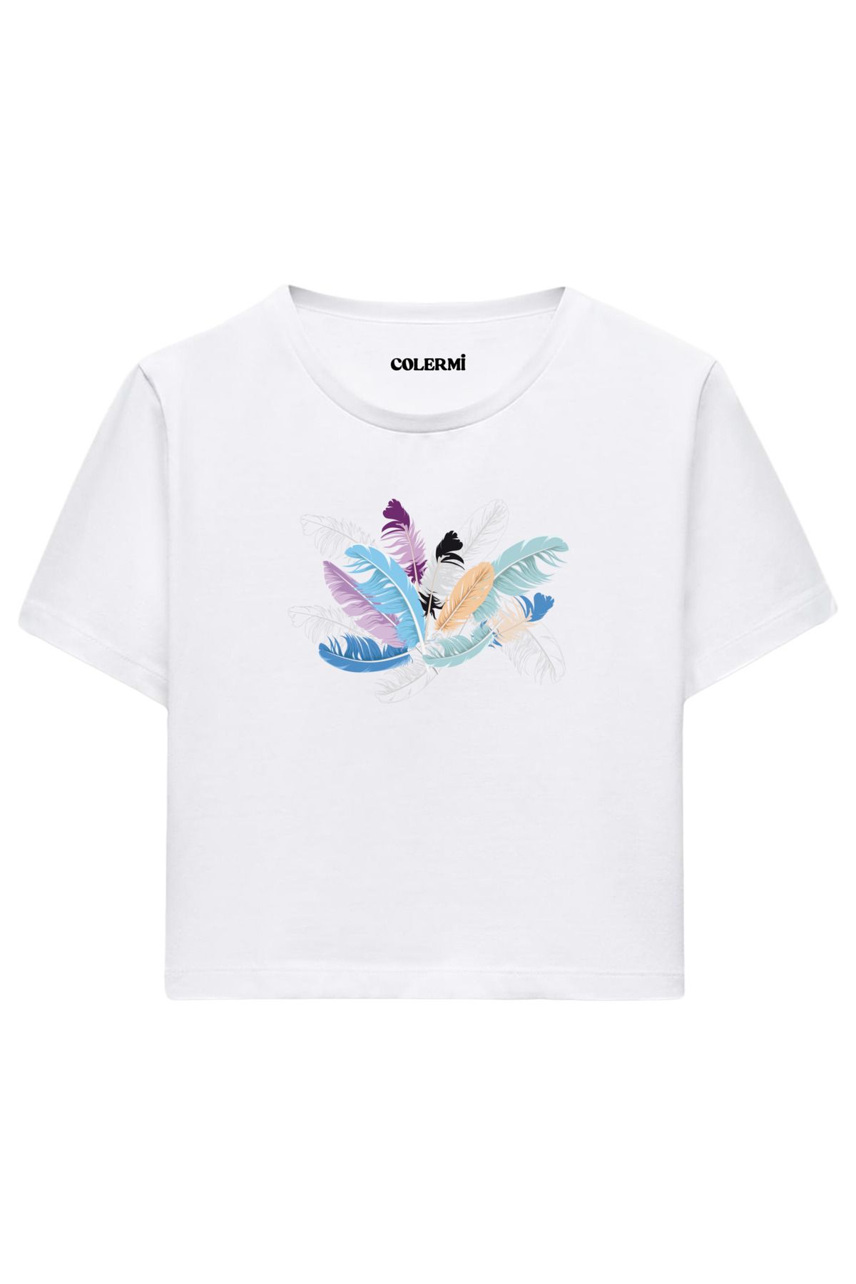 Colermi Pastel Renkli Tüy Desenli %100 Pamuk Kadın Crop Tshirt