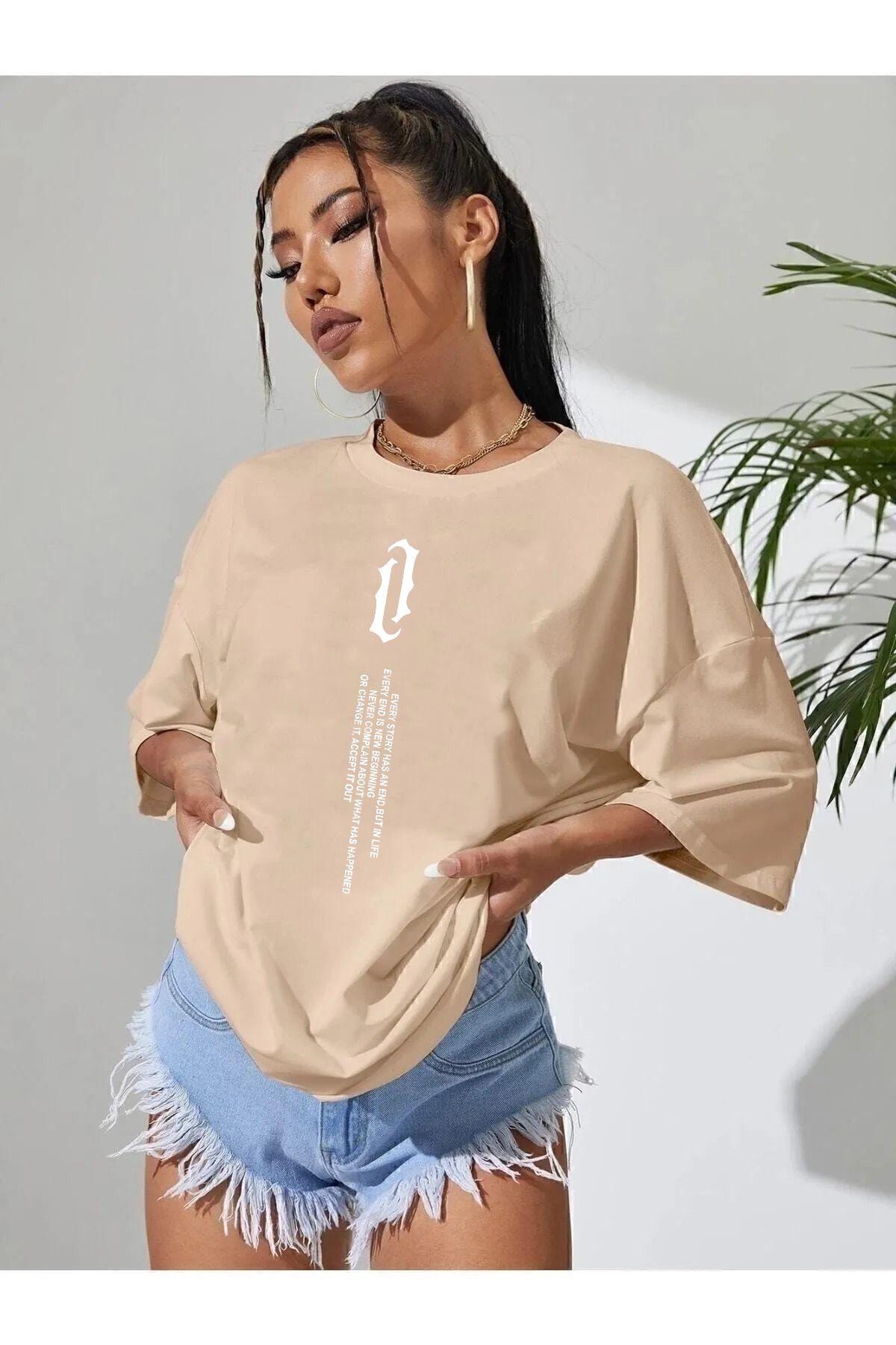 qavnas Unisex Story Baskılı Rahat Kesim Bej T-Shirt