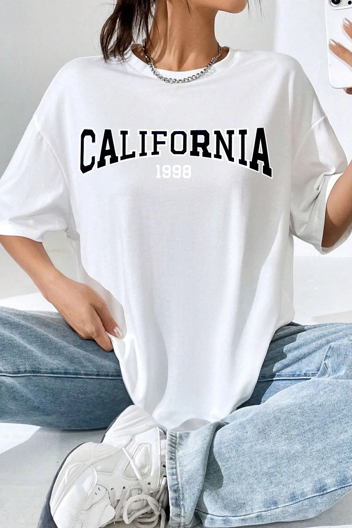 qavnas Unisex CALIFORNIA 1998 Baskılı Rahat Kesim Beyaz T-Shirt