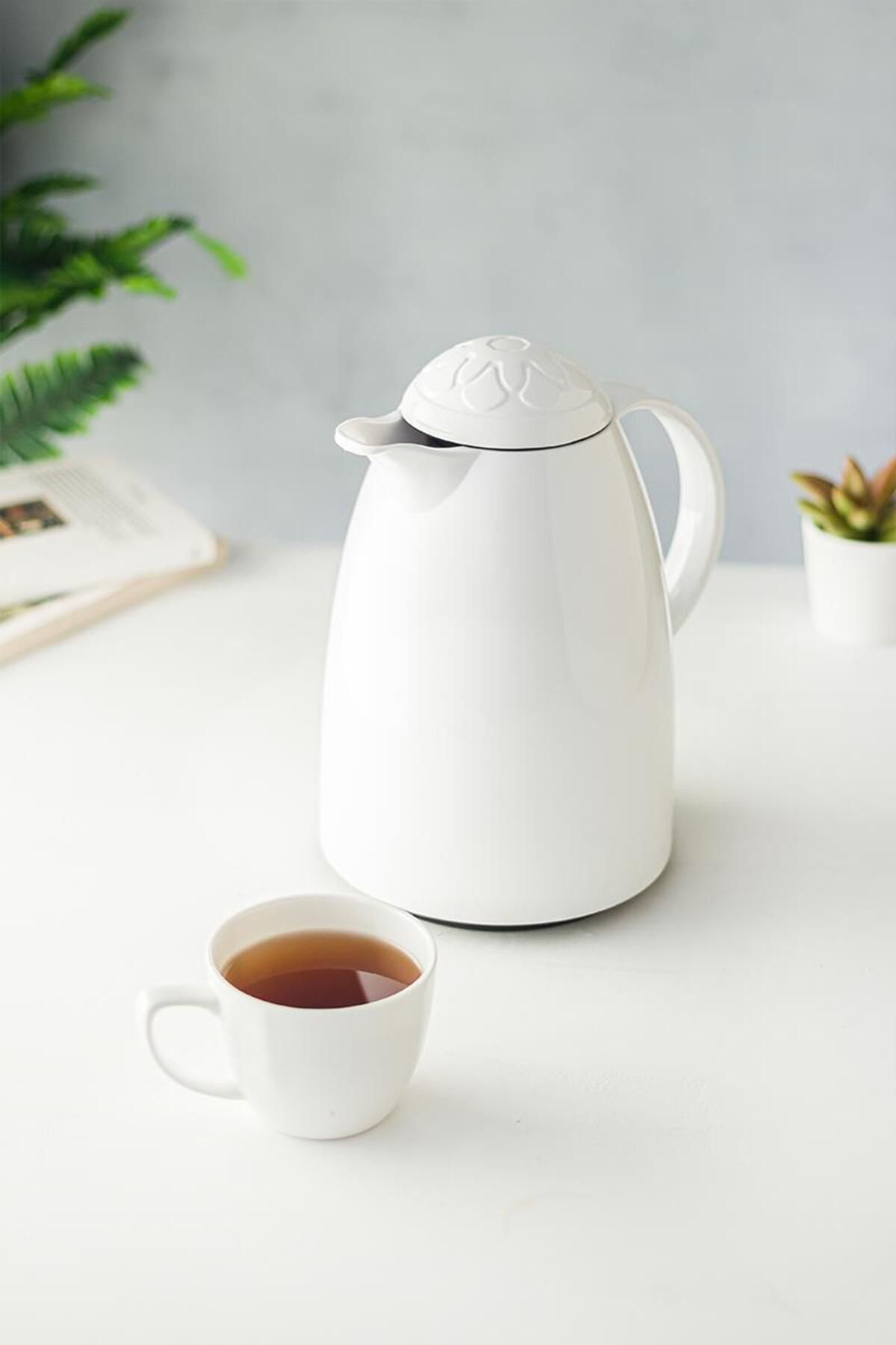 Shop58 1 LT Isı Yalıtımlı Çay Ve Soğuk Su Termosu Soft Beyaz (12 Saat Sıcak Tutar& İçi Camdır)