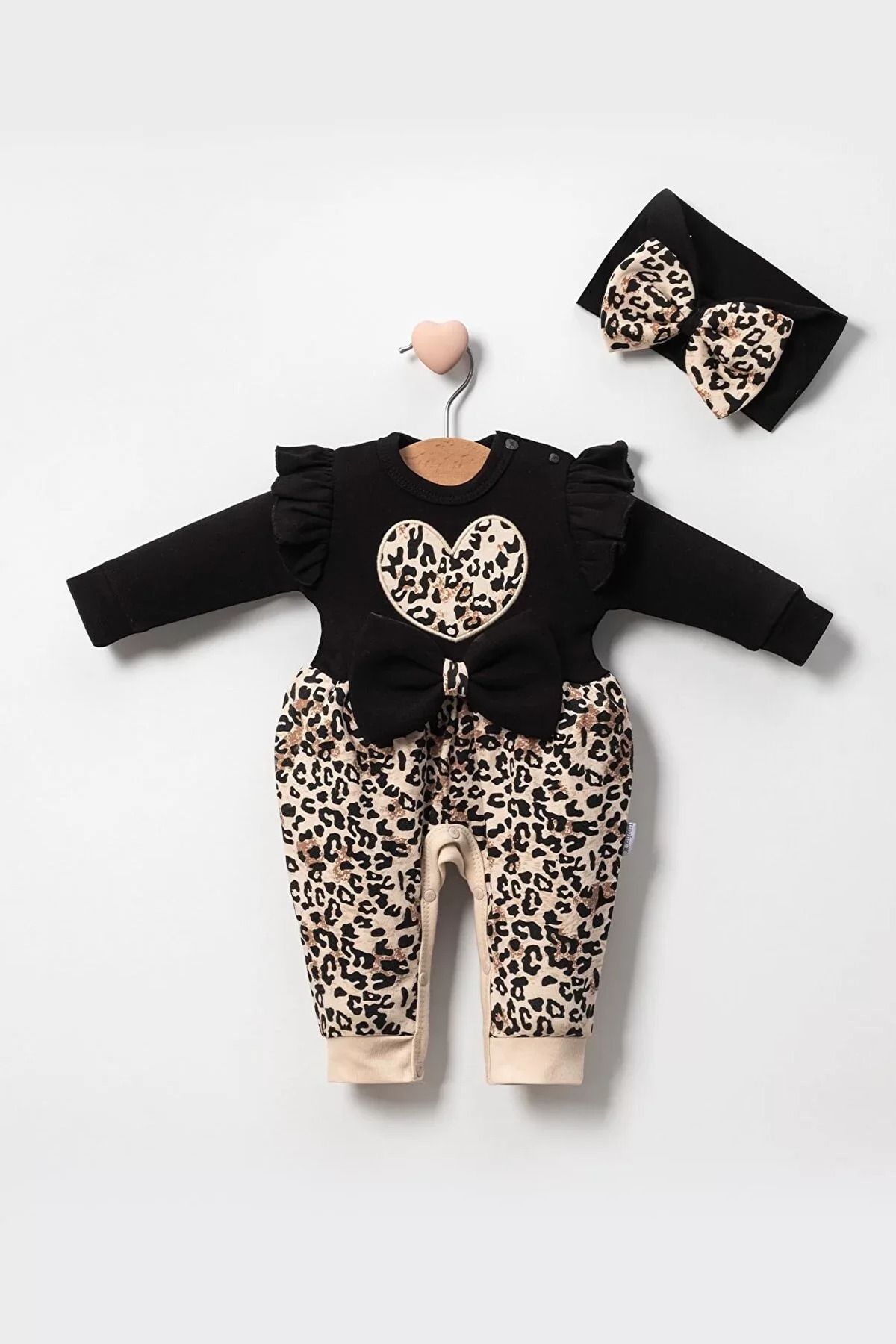 Shop58 Leopar Desenli Fiyonklu % 100 Pamuk Kız Bebek Tulum