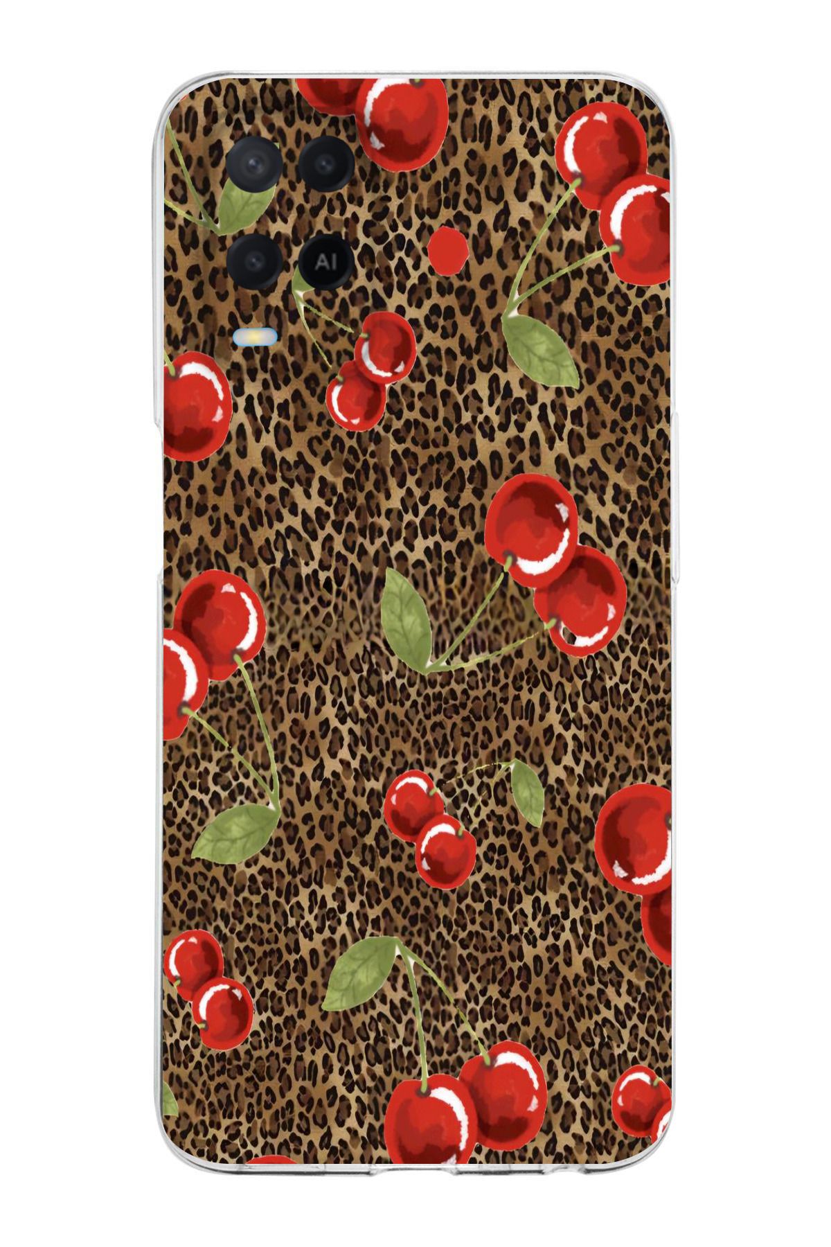 moonset Oppo A54 Uyumlu Leopar ve Kiraz Tasarımlı Baskılı Şeffaf Telefon Kılıfı