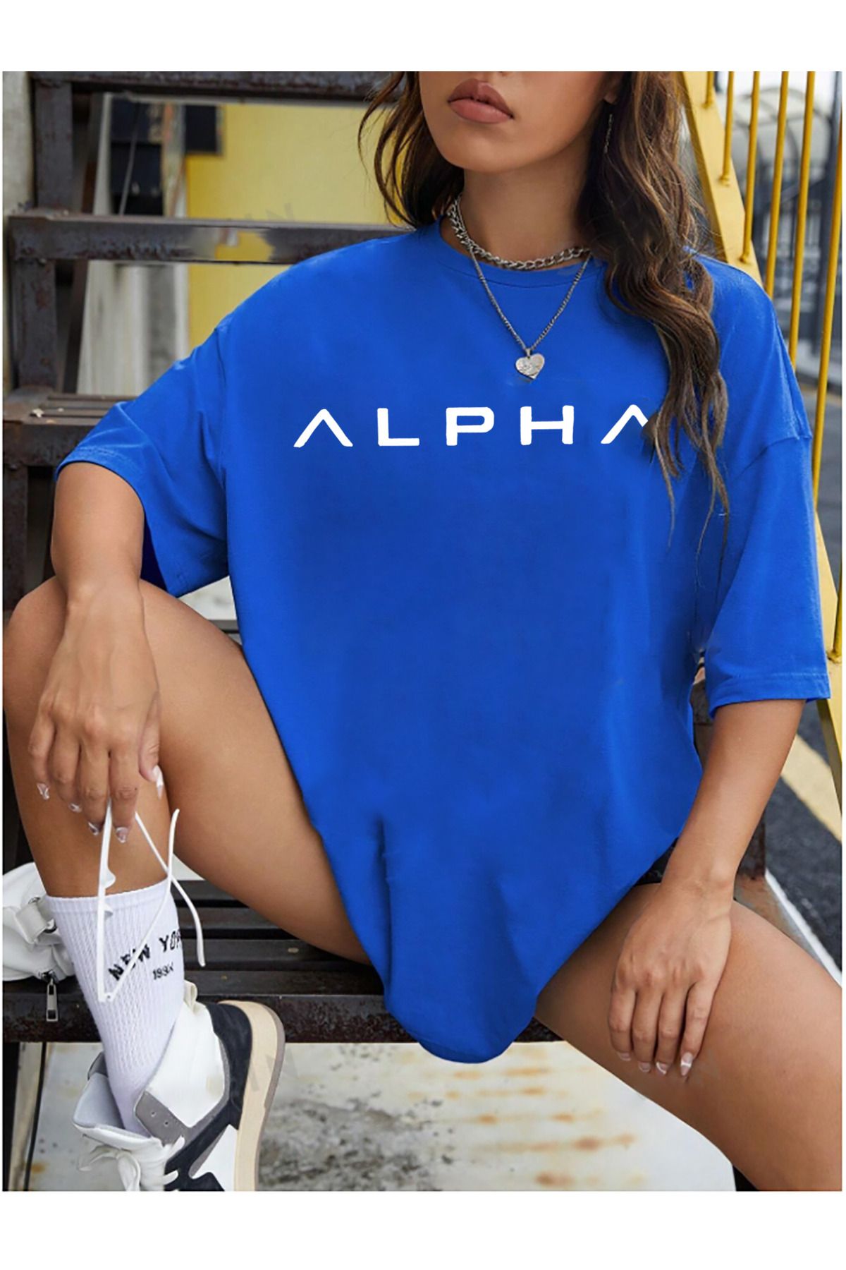 qavnas Unisex Alpha Baskılı Rahat Kesim Sax-Mavi T-Shirt