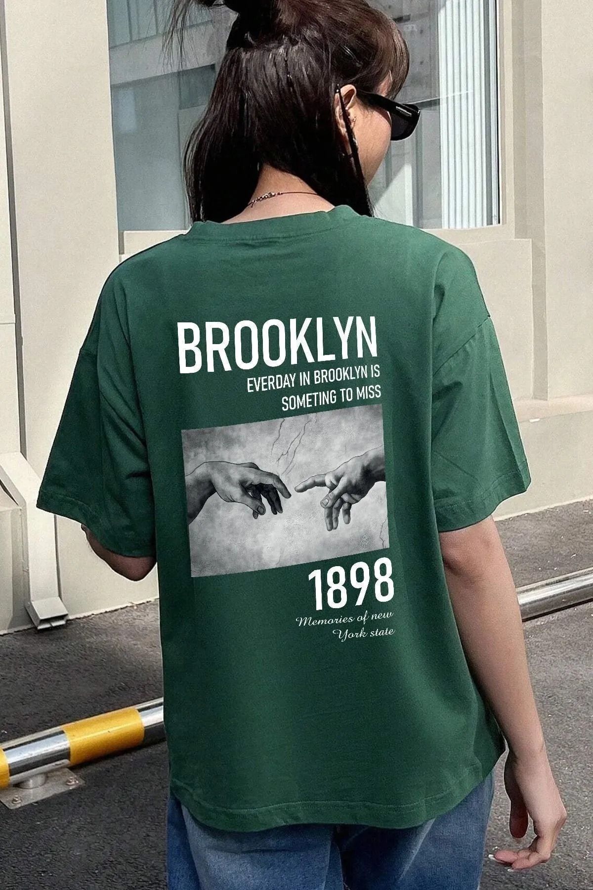 qavnas Unisex El Baskılı Rahat Kesim Yeşil T-Shirt