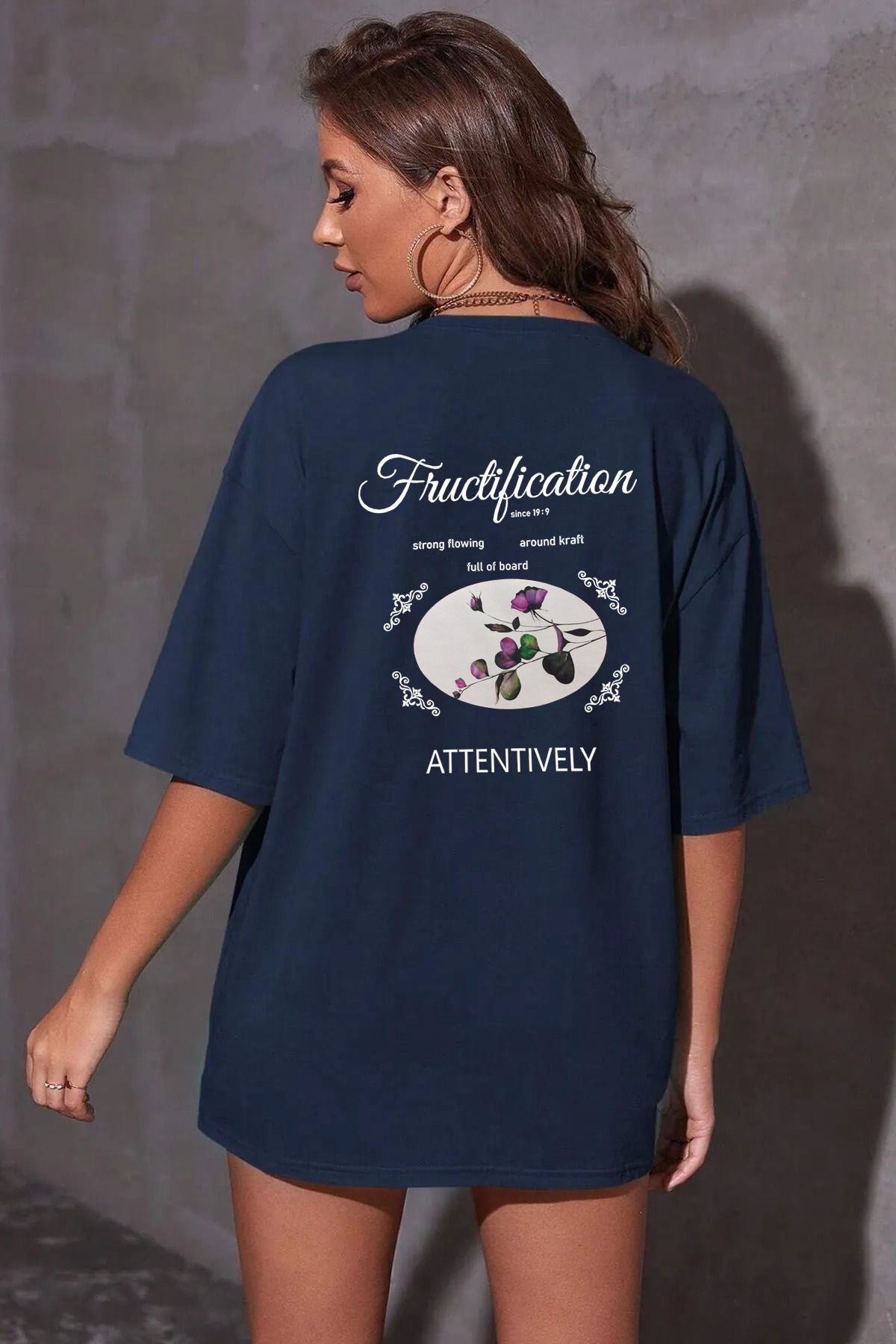 qavnas Unisex Fructification Baskılı Rahat Kesim Lacivert T-Shirt
