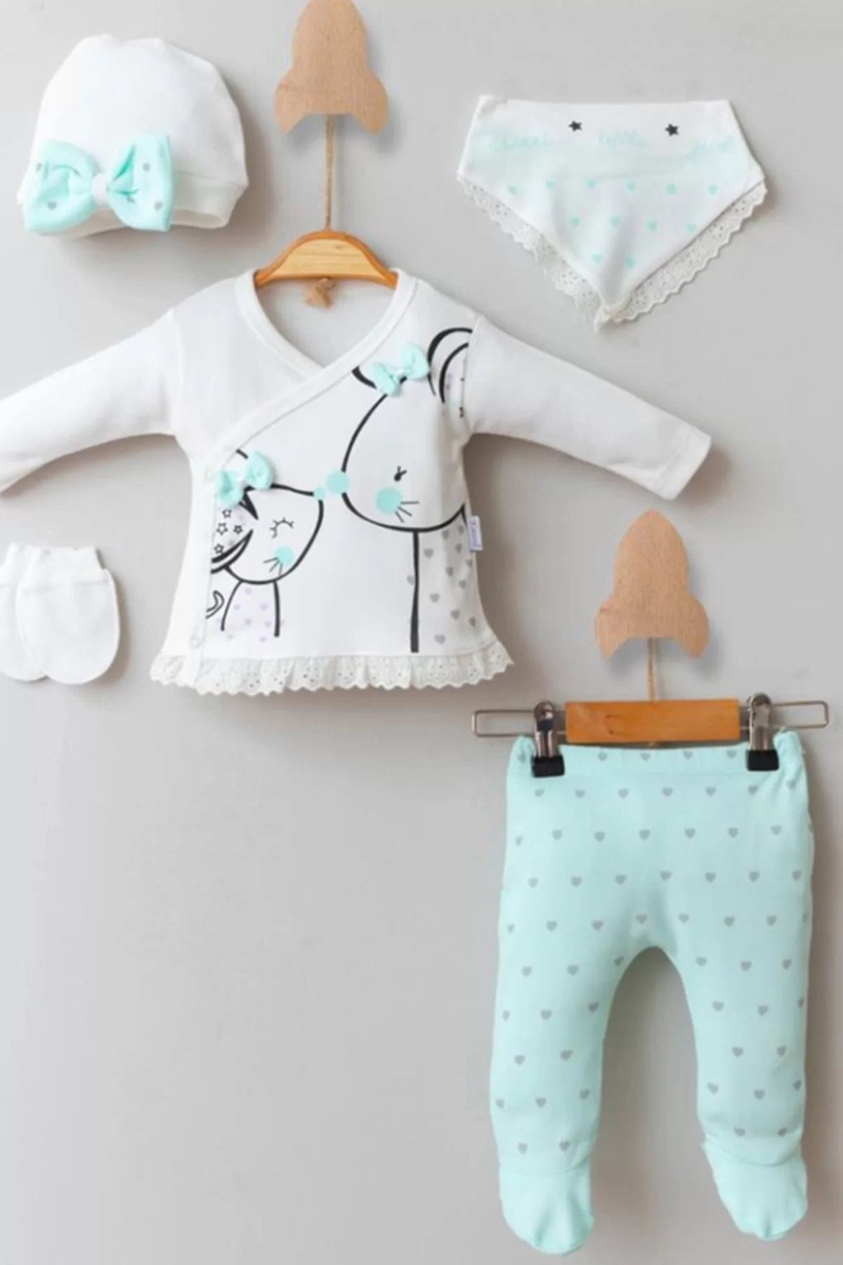 Shop58 Little Mause Desenli % 100 Pamuk 5'li Kız Bebek Hastane Çıkış Seti