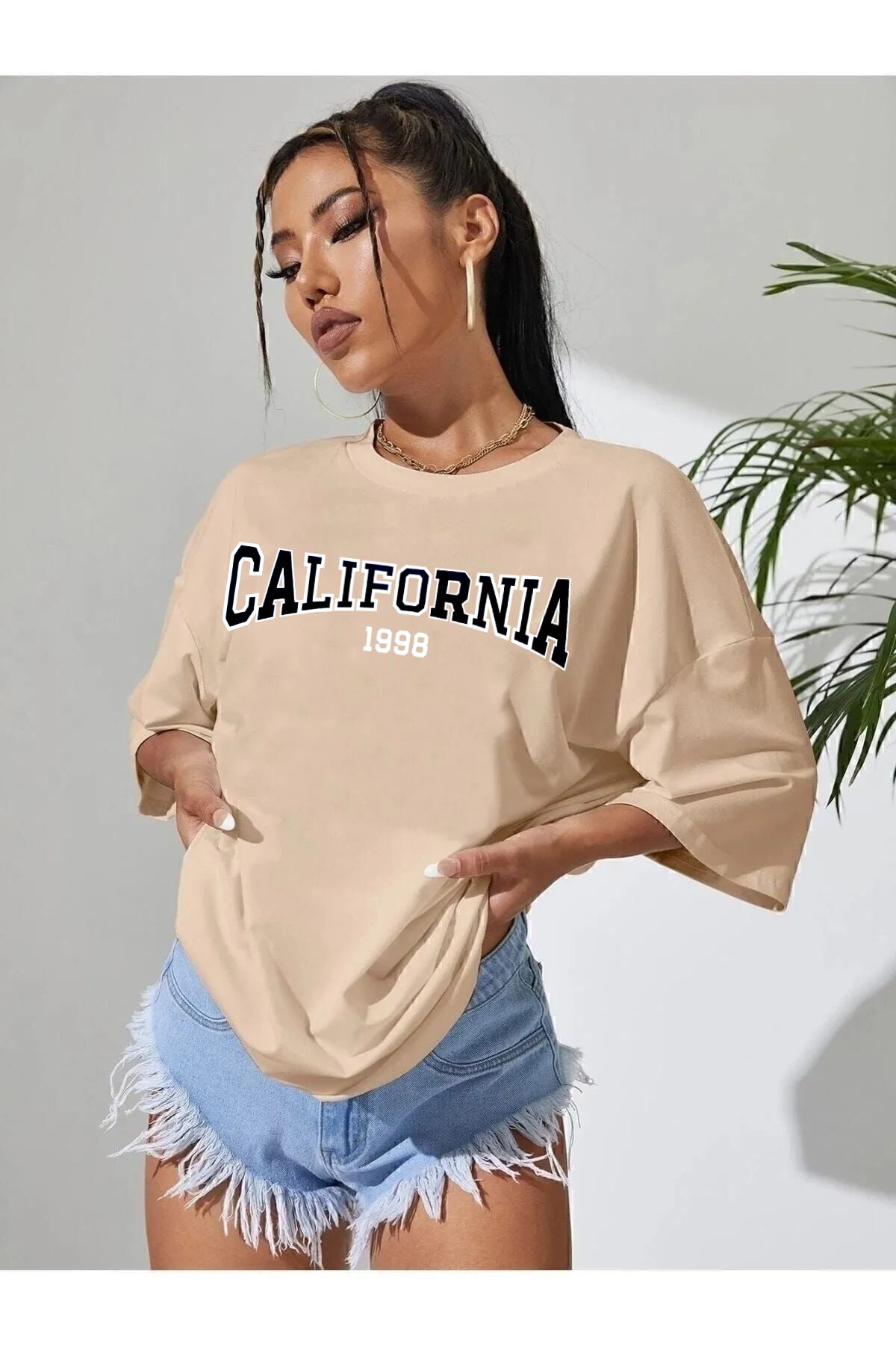 qavnas Unisex CALIFORNIA 1998 Baskılı Rahat Kesim Bej T-Shirt