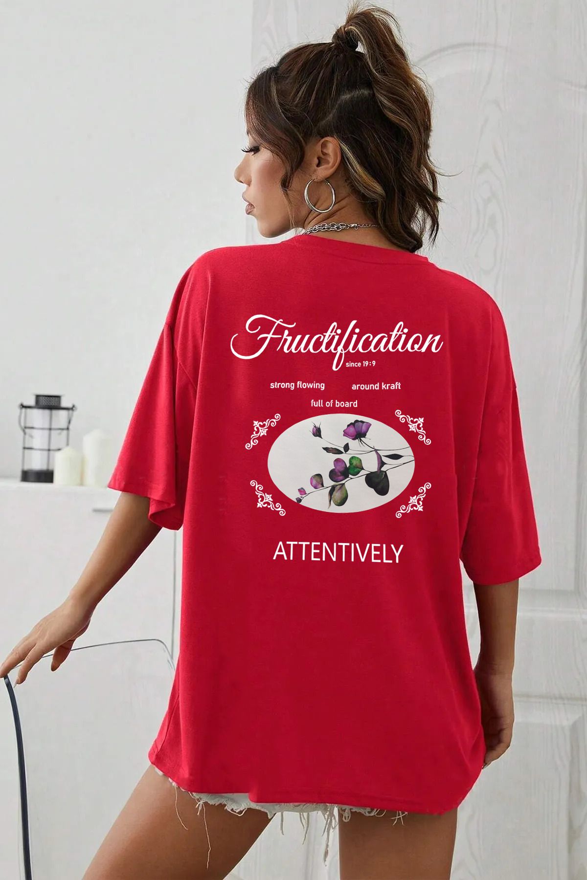 qavnas Unisex Fructification Baskılı Rahat Kesim Kırmızı T-Shirt