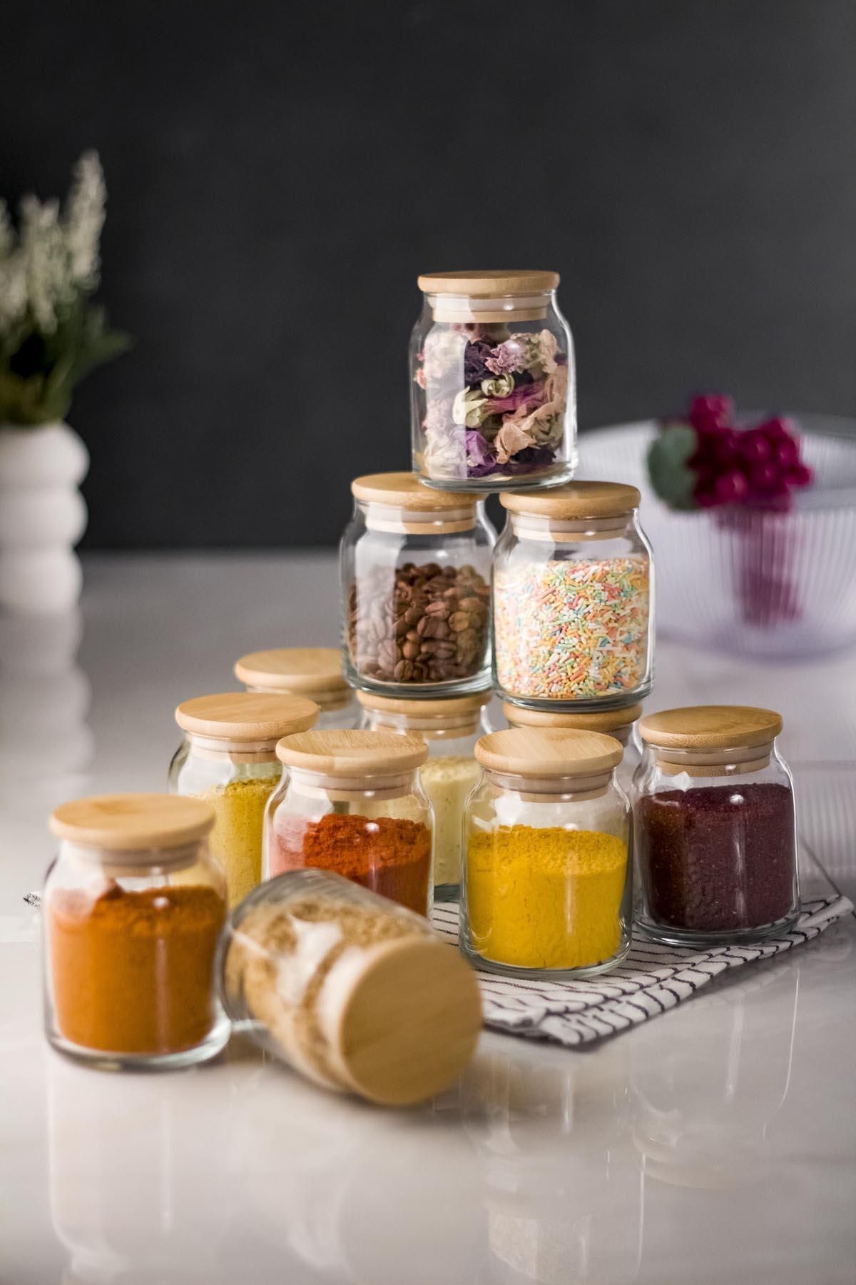 Shop58 12'li Bambu Kapaklı Cam Kavanoz & Baharat Takımı & Baharatlık Seti 250 ML (Vakum Kapak)