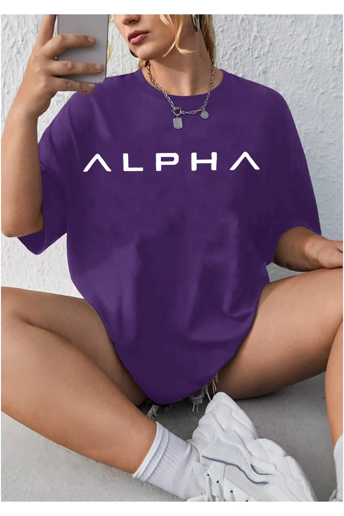 qavnas Unisex Alpha Baskılı Rahat Kesim Mor T-Shirt