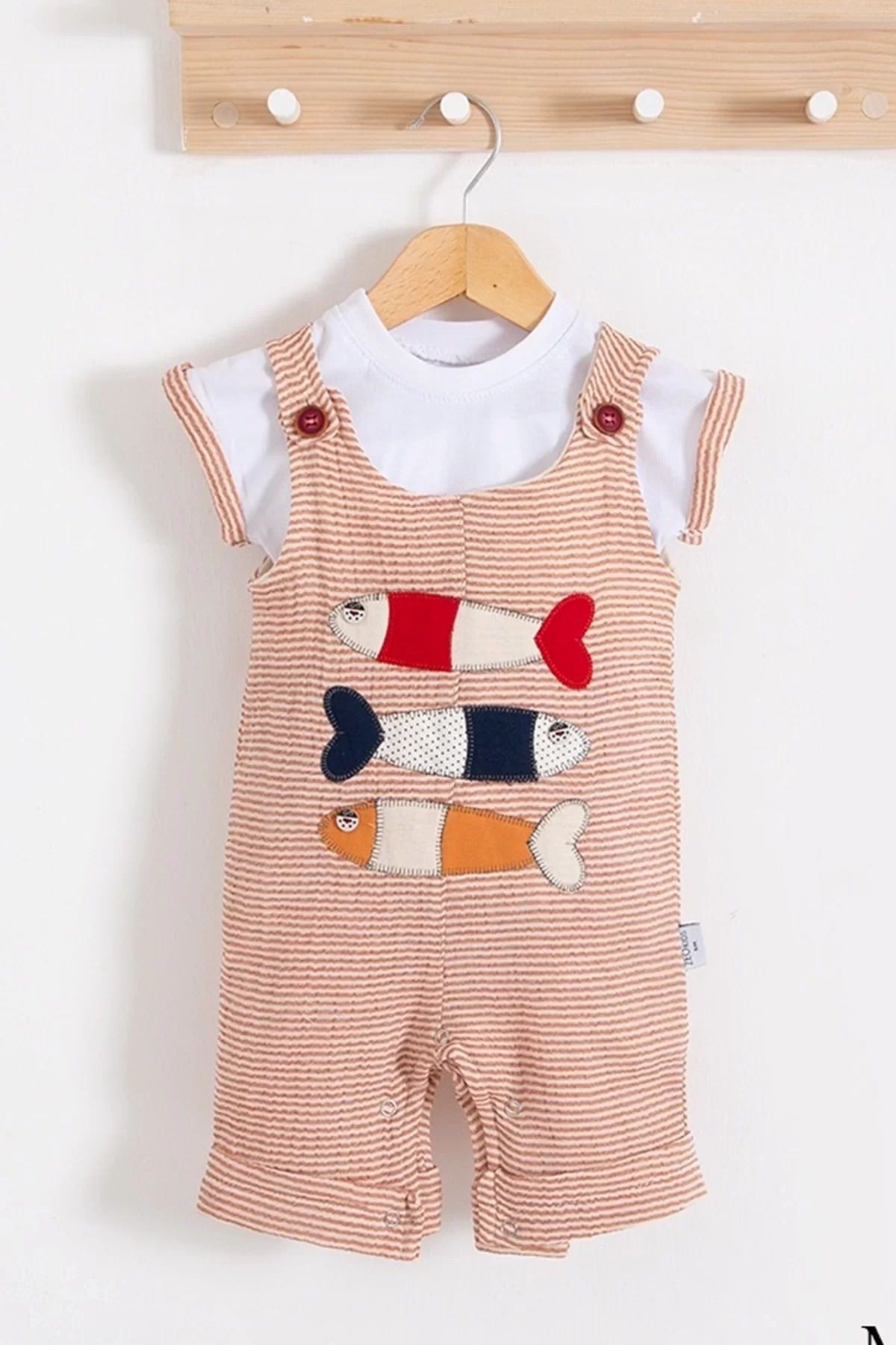 Shop58 Balık Nakışlı Kısa Kollu Erkek Bebek Tulumu