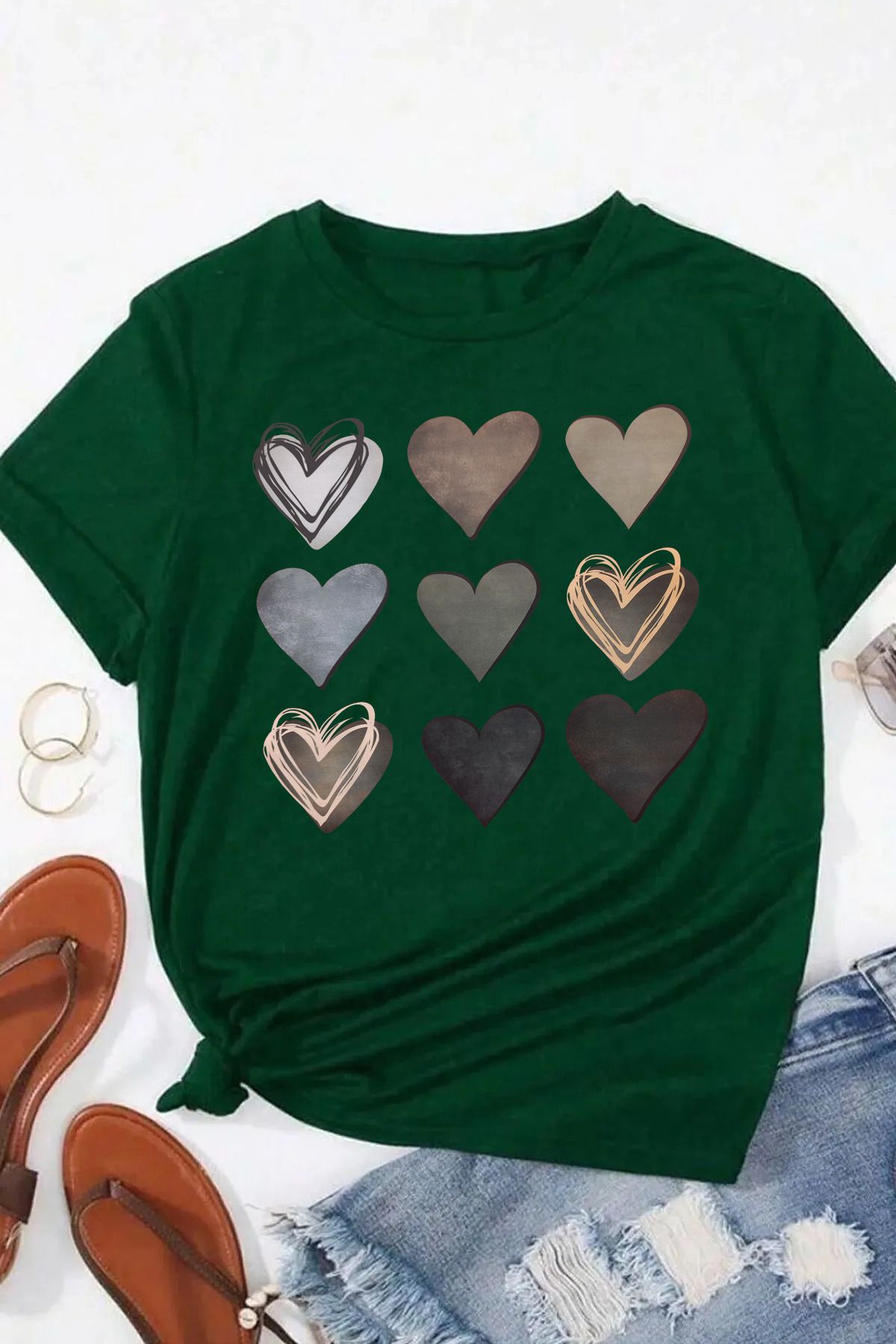 qavnas Unisex Kalpler Baskılı Rahat Kesim Yeşil T-Shirt
