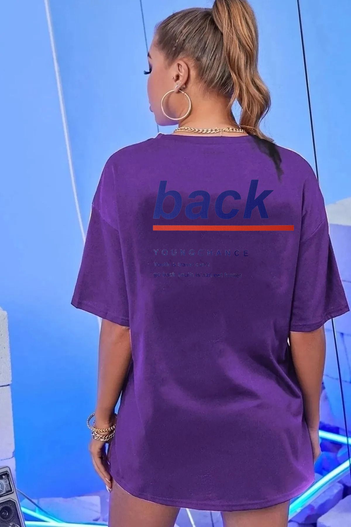 qavnas Unisex Back Baskılı Rahat Kesim Mor T-Shirt