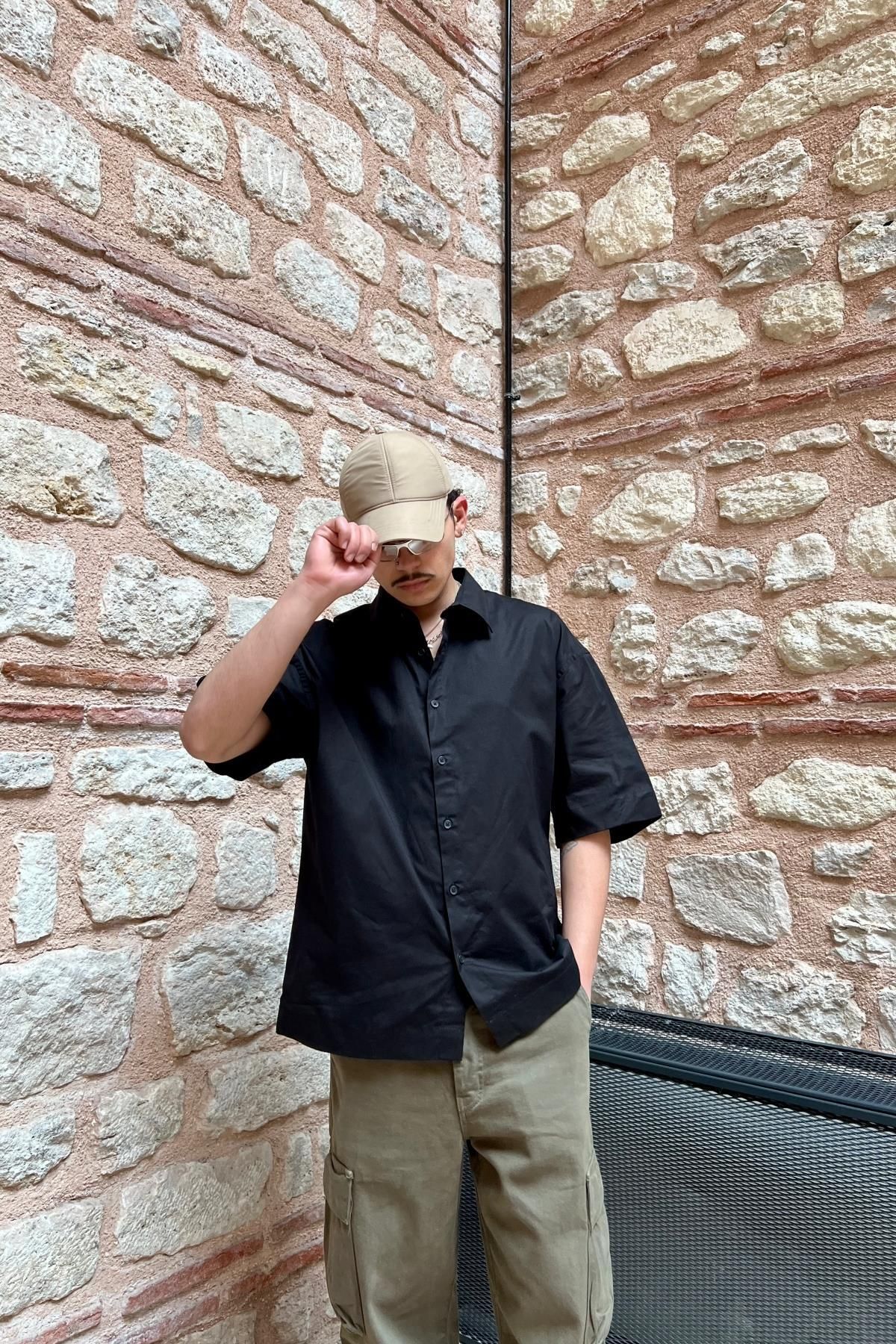 Jr.Crime Siyah Oversize Basic Kısa Kol Gömlek