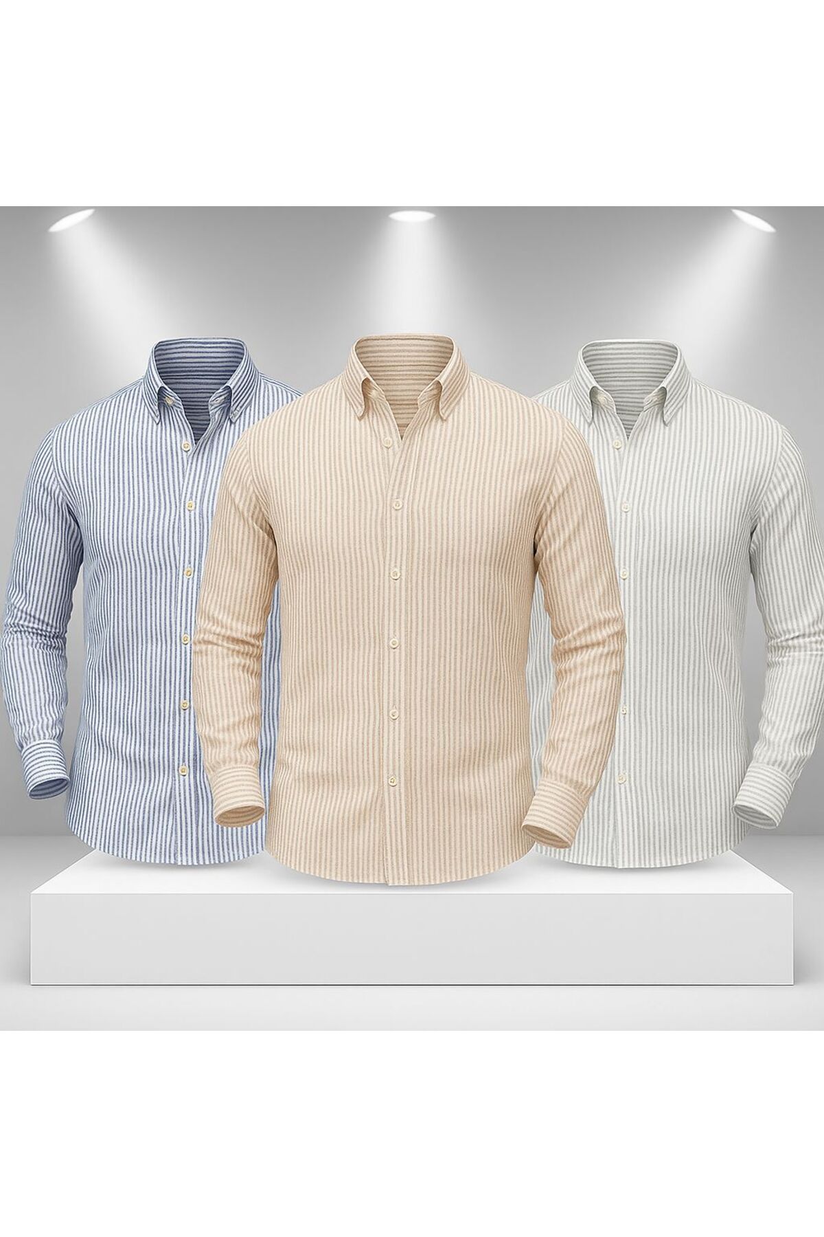 LC Waikiki 3'lü Avantaj Keten Çizgili Slim Fit Şık Premium Kalite Düğmeli Pamuklu Erkek Gömlek