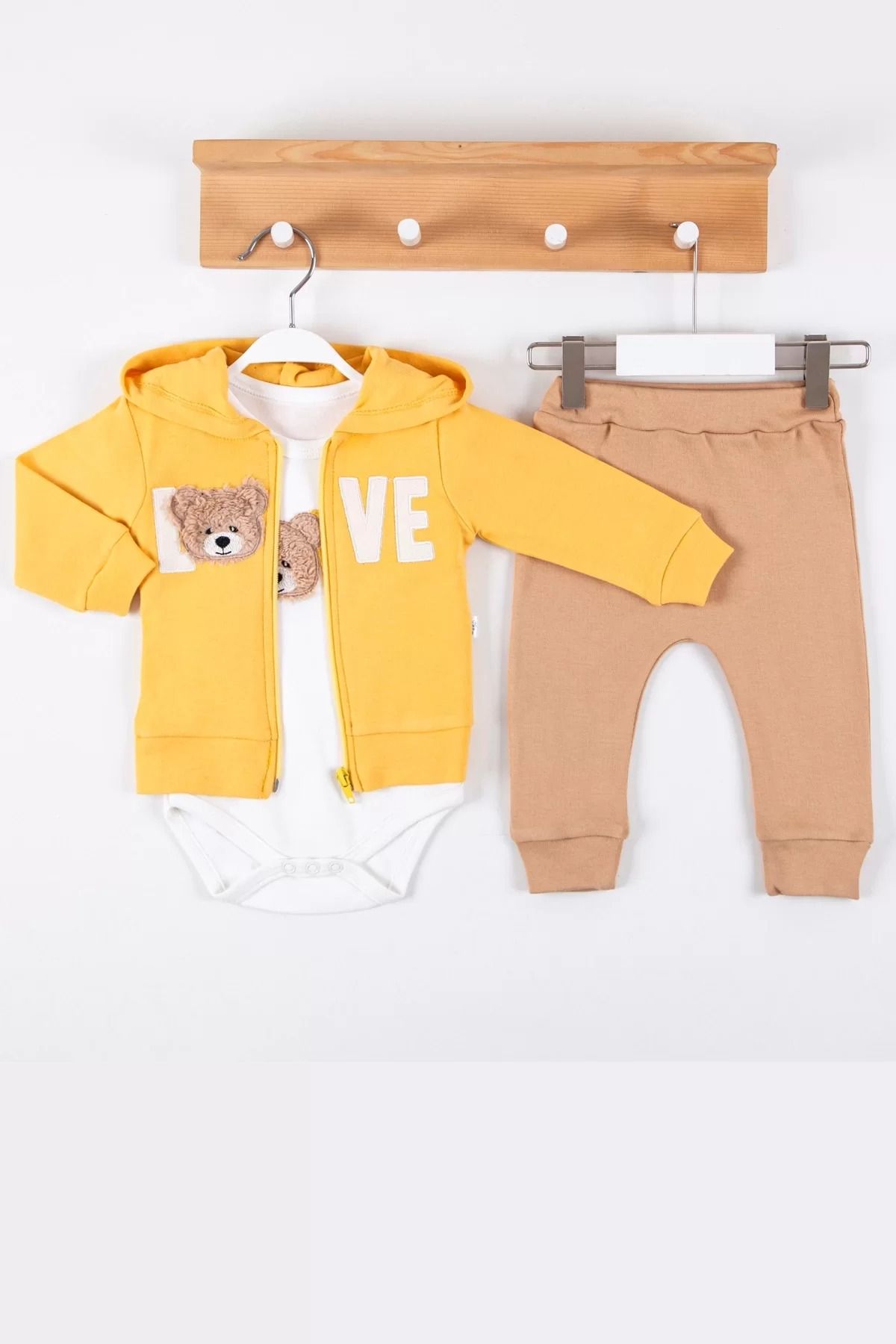 Shop58 Love Bear Nakışlı % 100 Pamuk Hırkalı 3'lü Erkek Takım