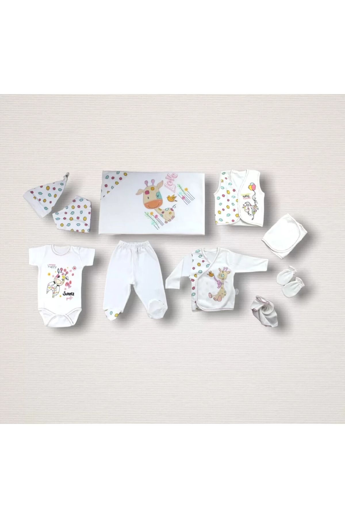 Shop58 Love Zürafa Nakışlı %100 Cotton Antibakteriyel 10lu Zıbın Takımı Hastane Çıkışı