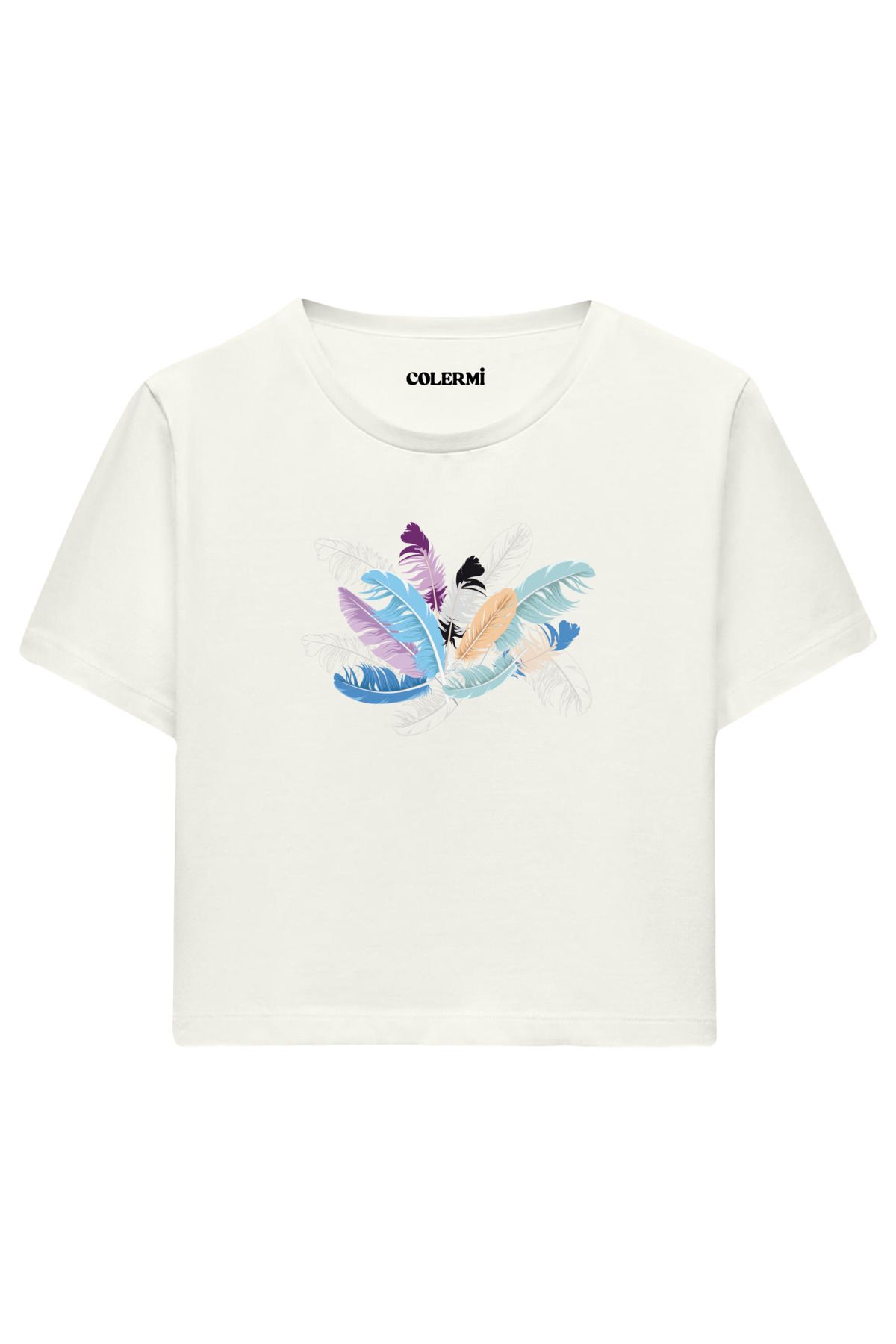 Colermi Pastel Renkli Tüy Desenli %100 Pamuk Kadın Crop Tshirt