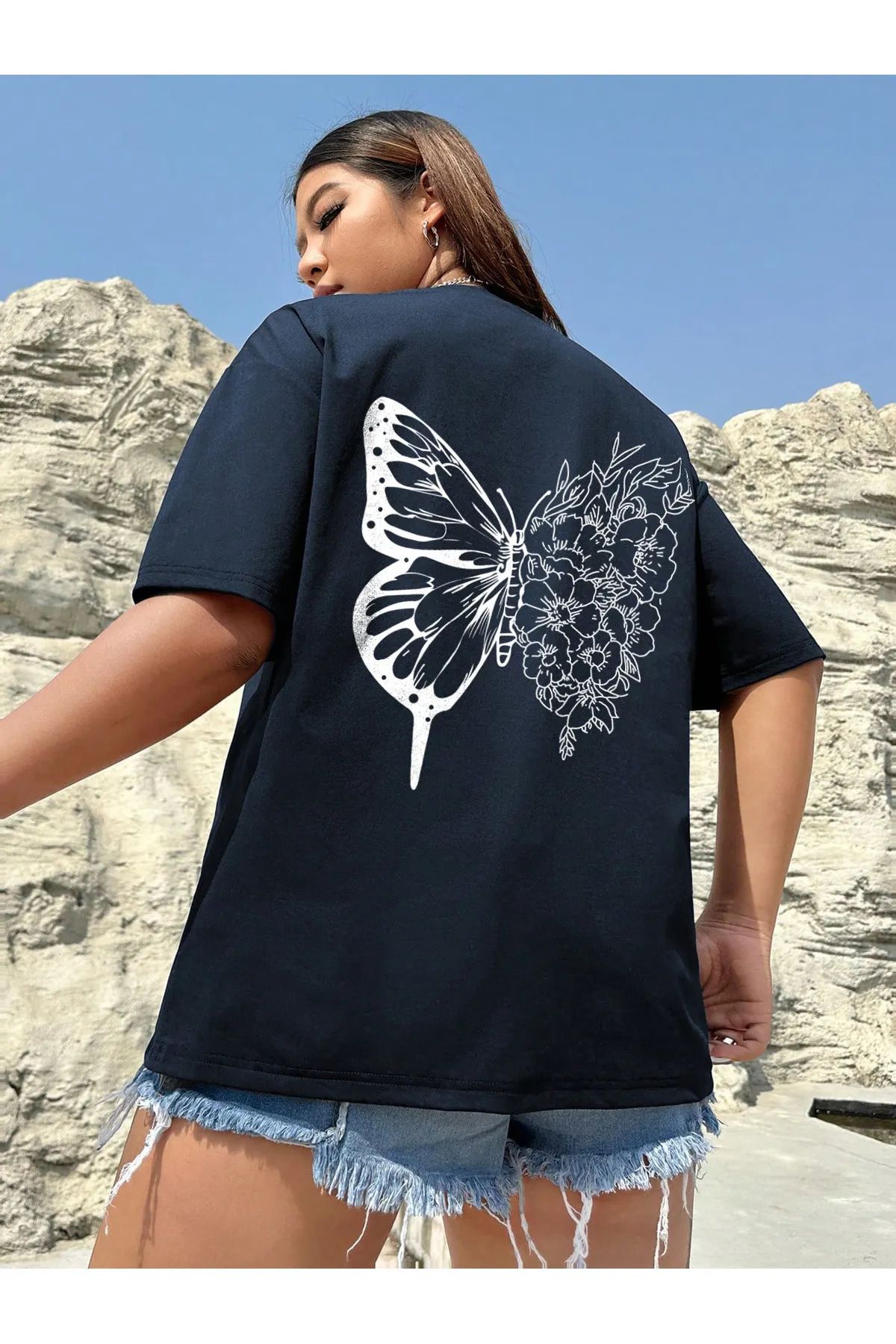 memowear Unisex Kelebek Baskılı Rahat Kesim Lacivert T-Shirt