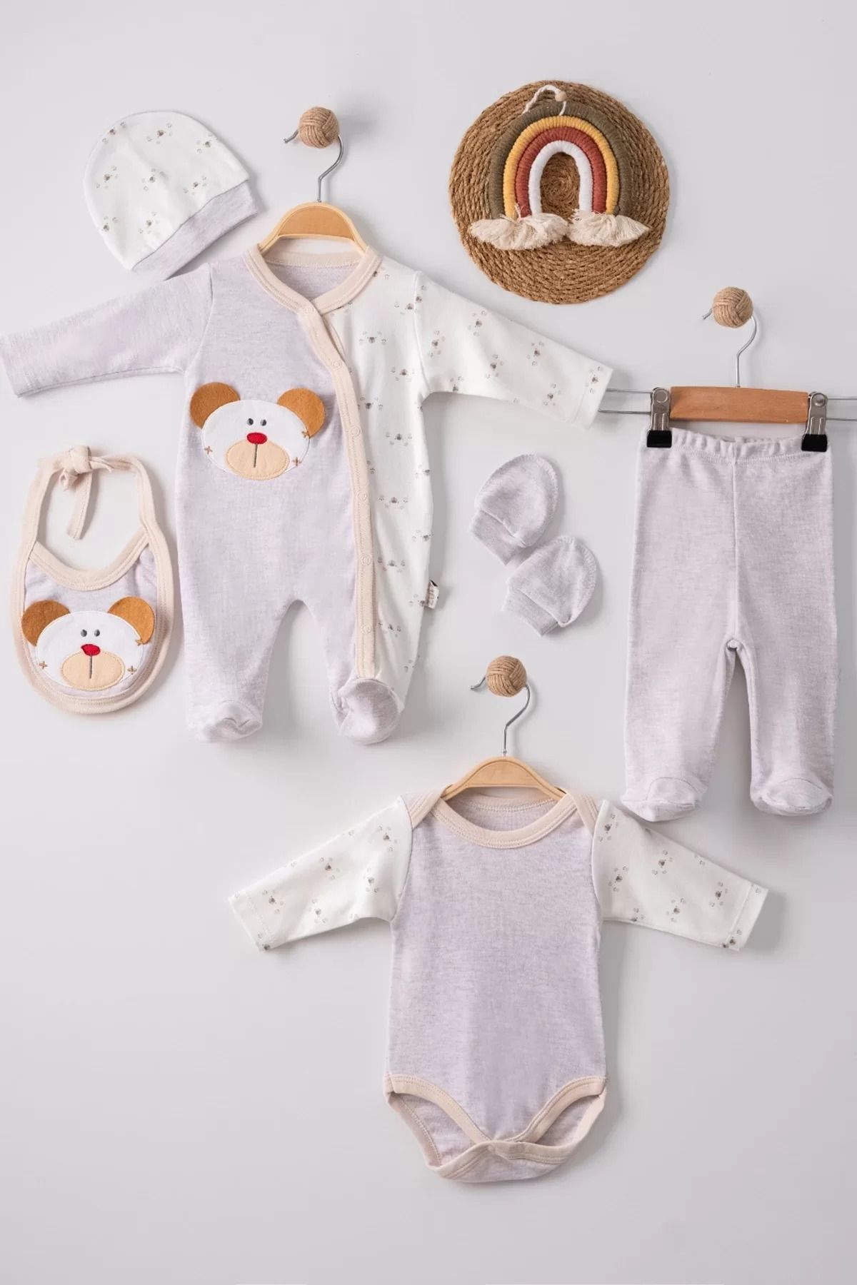 Shop58 Ayıcık Detaylı Nakışlı Tulumlu % 100 Pamuk Erkek Bebek 5'li Set