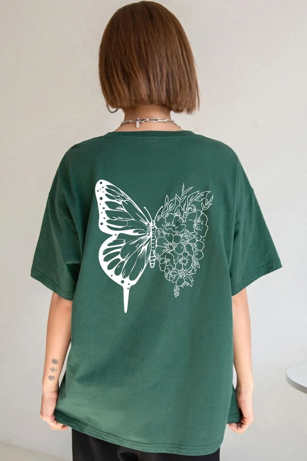 qavnas Unisex Kelebek Baskılı Rahat Kesim Yeşil T-Shirt