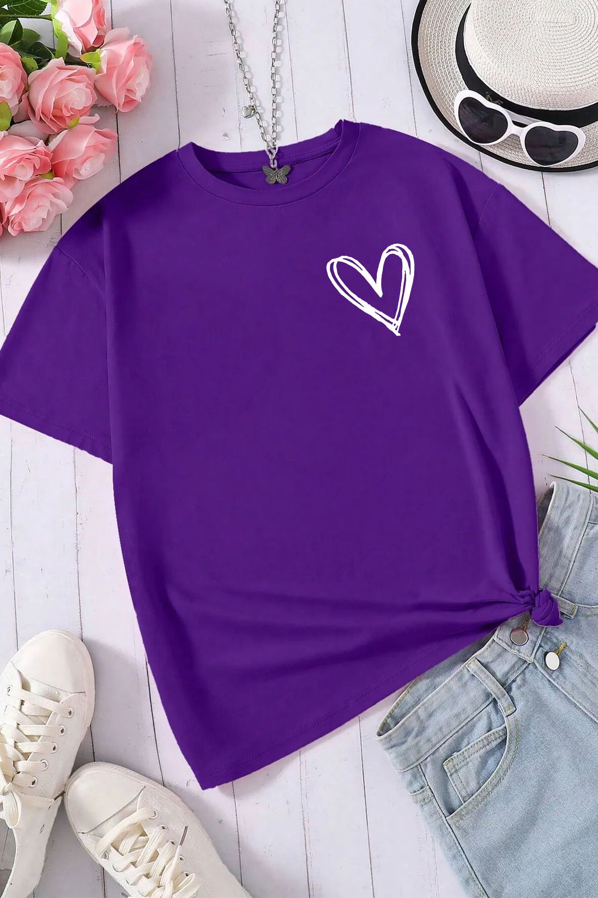 qavnas Unisex Kalp Baskılı Rahat Kesim Mor T-Shirt