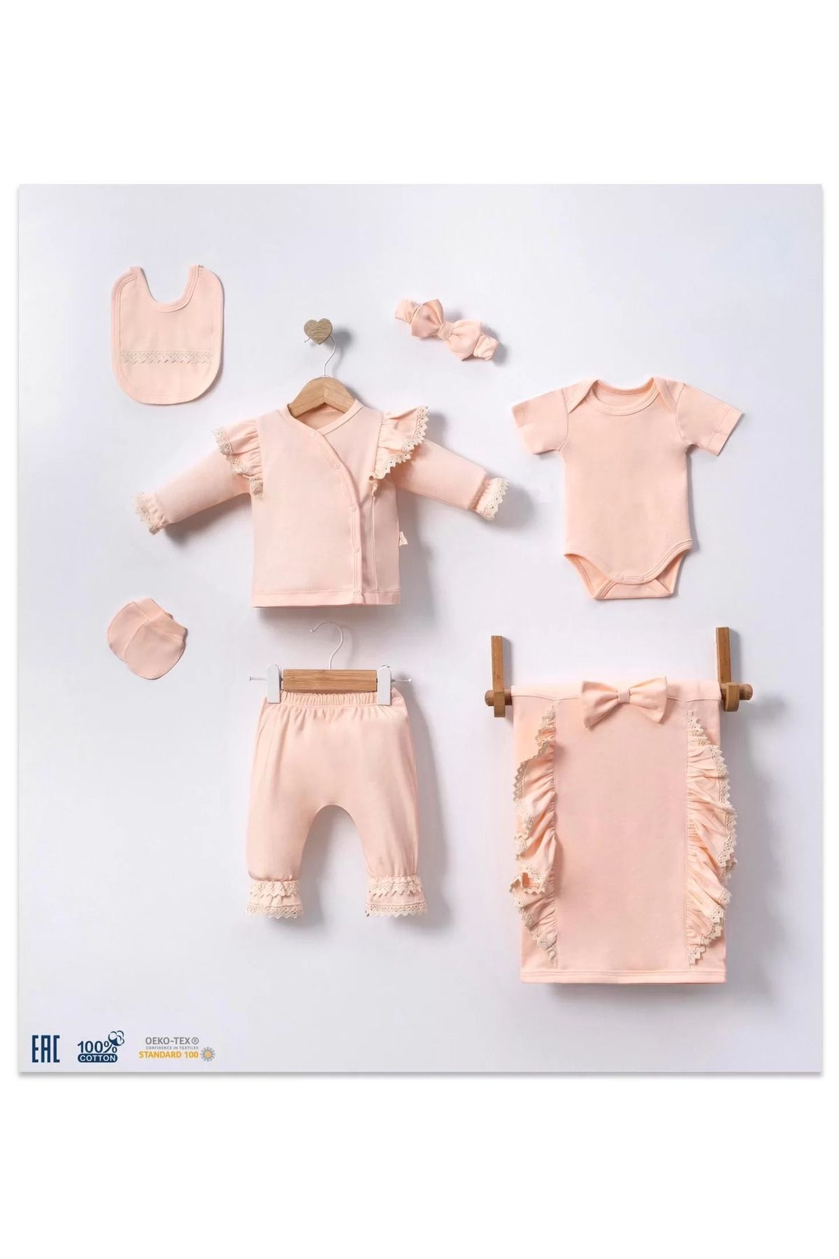 Shop58 Yakası Fırfır Detaylı Kız Bebek 7 Parça Battaniyeli Hastane Çıkışı Seti