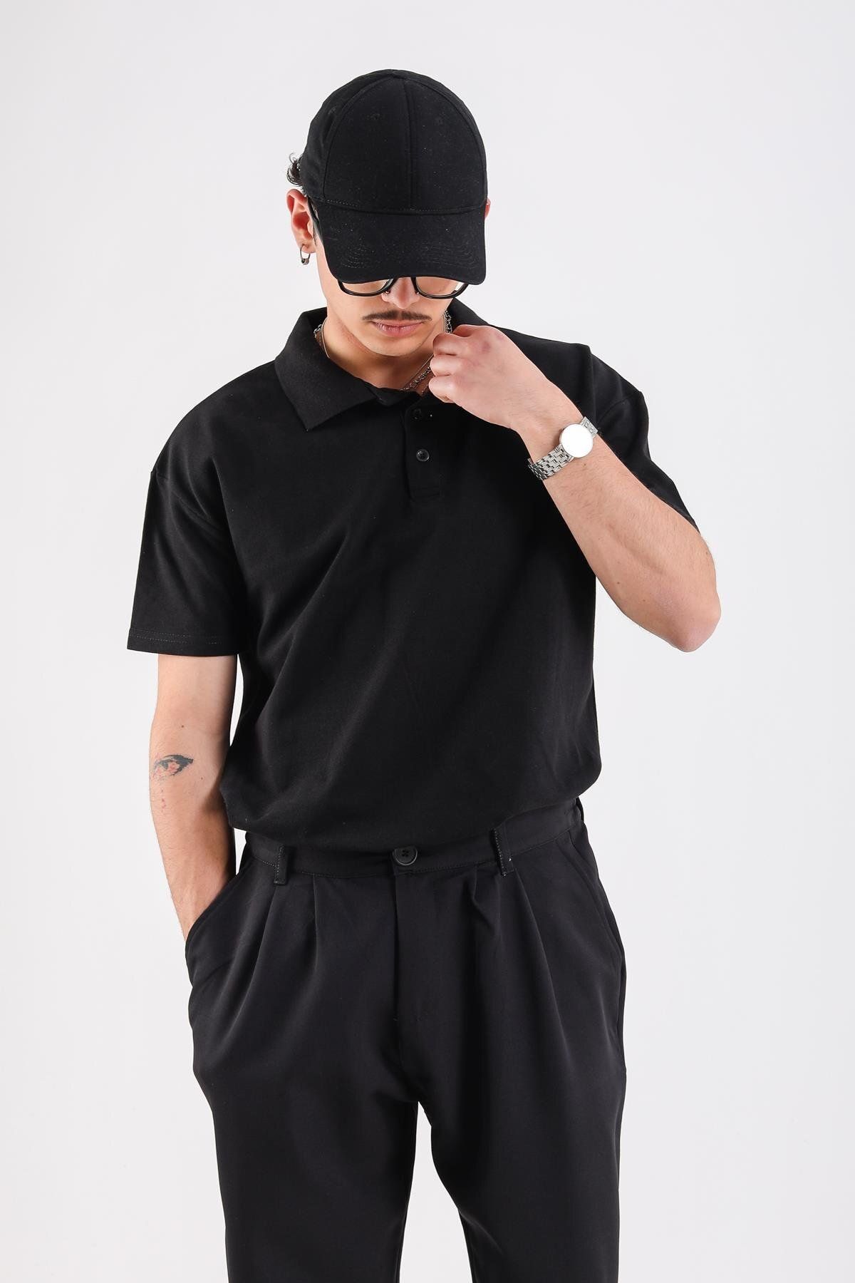 Jr.Crime Polo Yaka Siyah İnce Kumaş Basic Tshirt