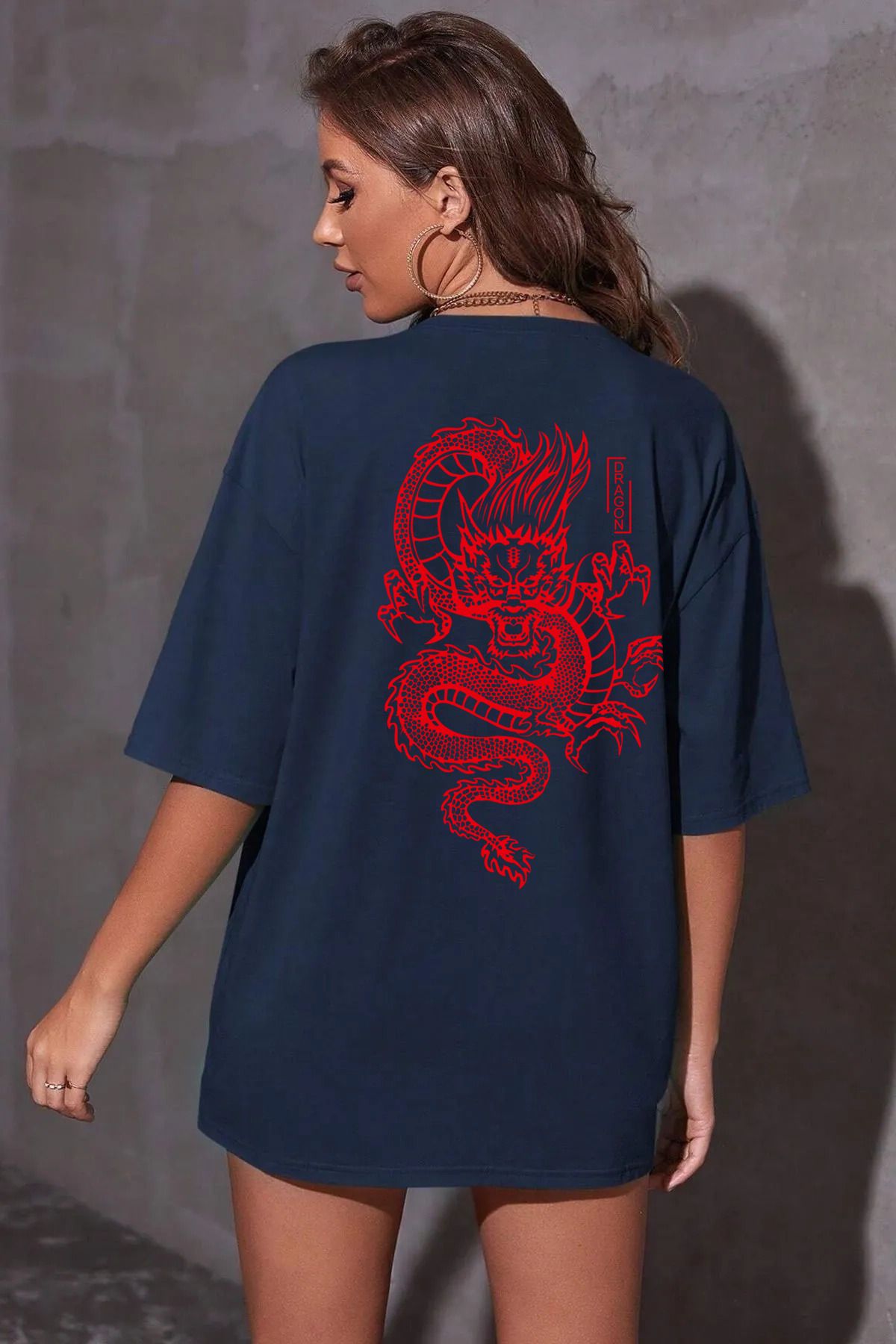 qavnas Unisex Kızıl Ejder Baskılı Rahat Kesim Lacivert T-Shirt