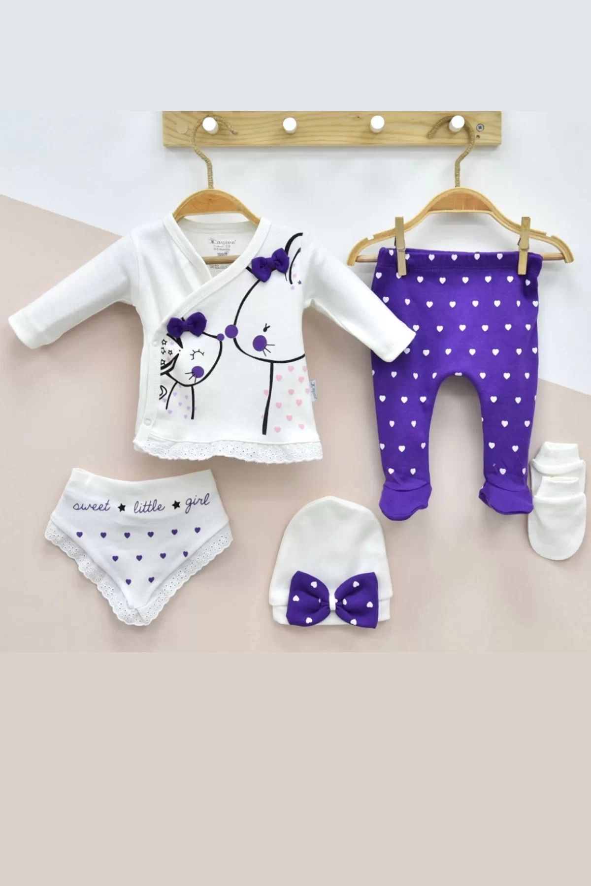 Shop58 Little Mause Desenli % 100 Pamuk 5'li Kız Bebek Hastane Çıkış Seti