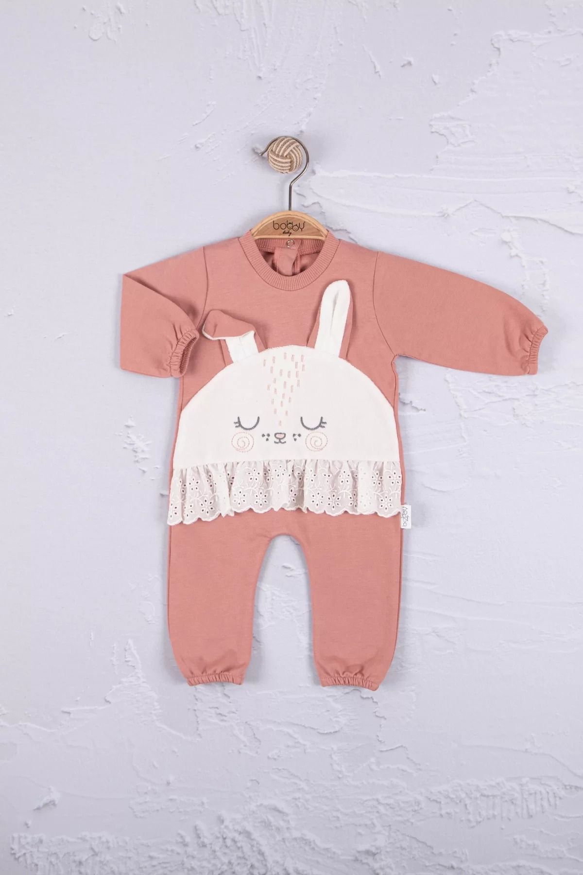 Shop58 Tavşan Nakışlı Güpürlü % 100 Pamuk Kız Bebek Tulum