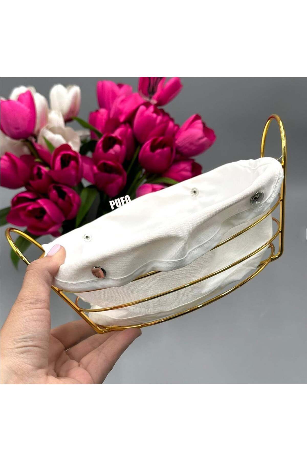 PUFO-Coș de bucătărie oval din metal pentru servirea pâinii, cu husă textilă detașabilă, 27 x 20 cm, auriu 6