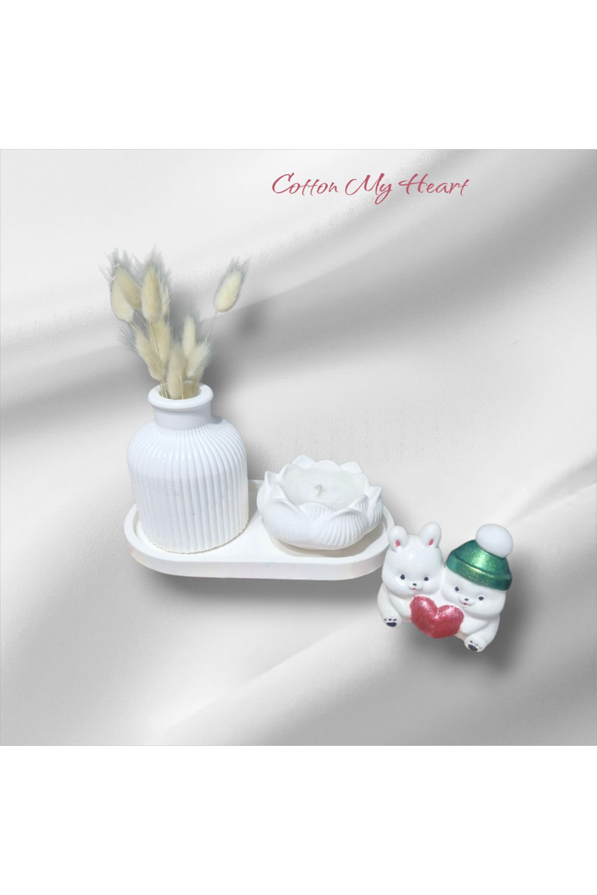 cotton my heart El yapımı taş tozundan sevimli tavşanlar tepsi vazo mumluk ve yapay çiçek,