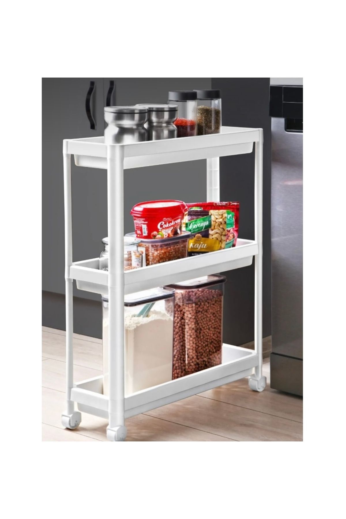 abnturk 3 Katlı Tekerlekli Raf Ünitesi Beyaz Mutfak Banyo Rafı Düzenleyeci Organizer 51x16cm Yüksekliği 75cm